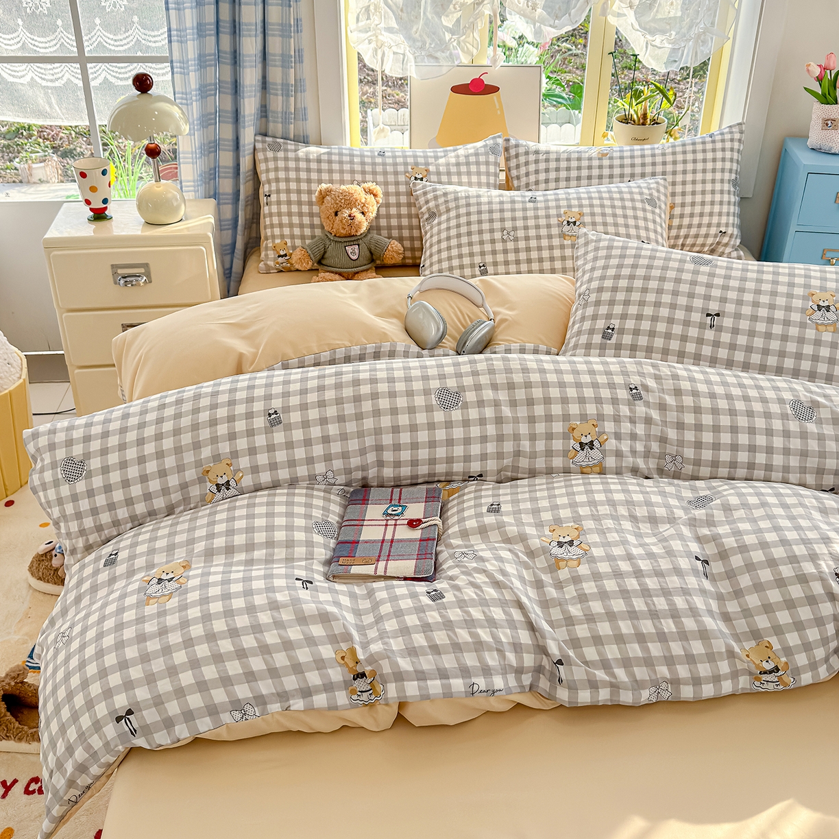 91家纺网 家纺一手货源 找家纺 元禾 2026新款A类古法水洗仿棉云感纱四件套 格子熊