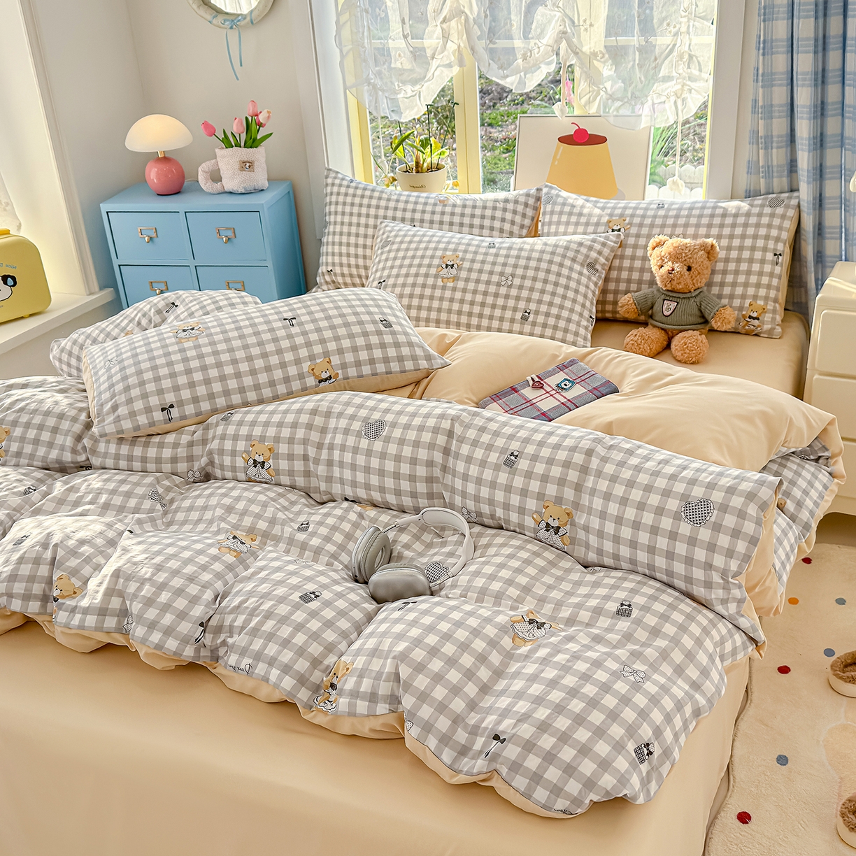 91家纺网 家纺一手货源 找家纺 元禾 2026新款A类古法水洗仿棉云感纱四件套 格子熊