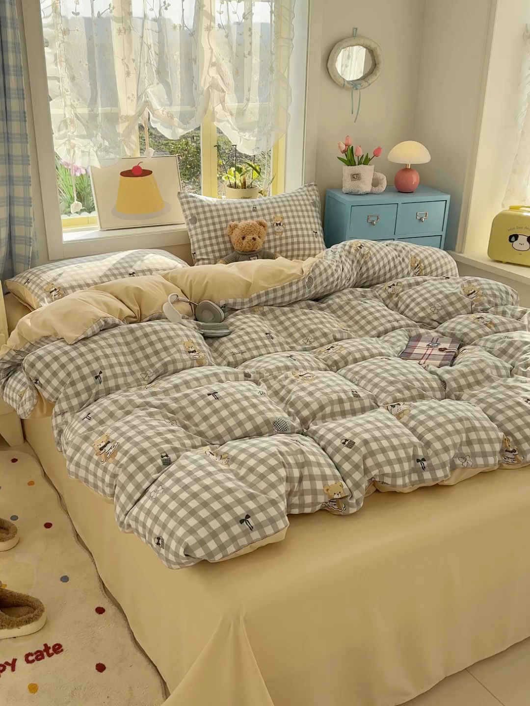 91家纺网 家纺一手货源 找家纺 元禾 2026新款A类古法水洗仿棉云感纱四件套 格子熊