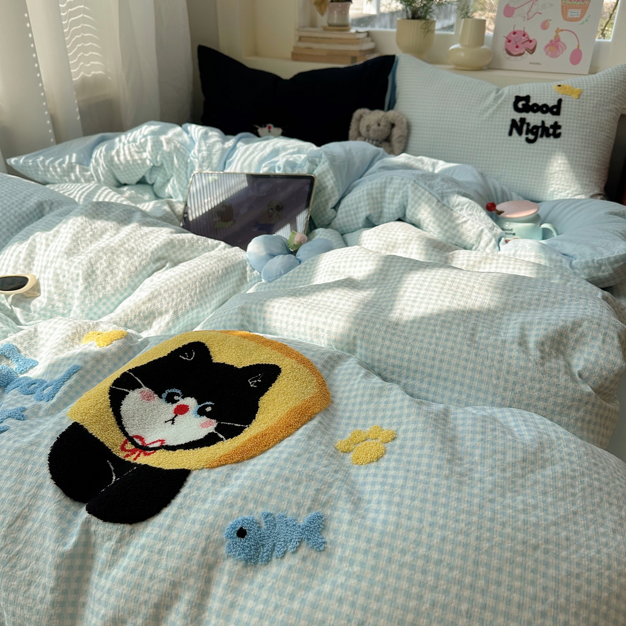 91家纺网 家纺一手货源 找家纺 顾里家纺 2026春夏新款ins可爱风云朵毛巾绣四件套（会员-3元  床笠定制不退换0 碳水面包