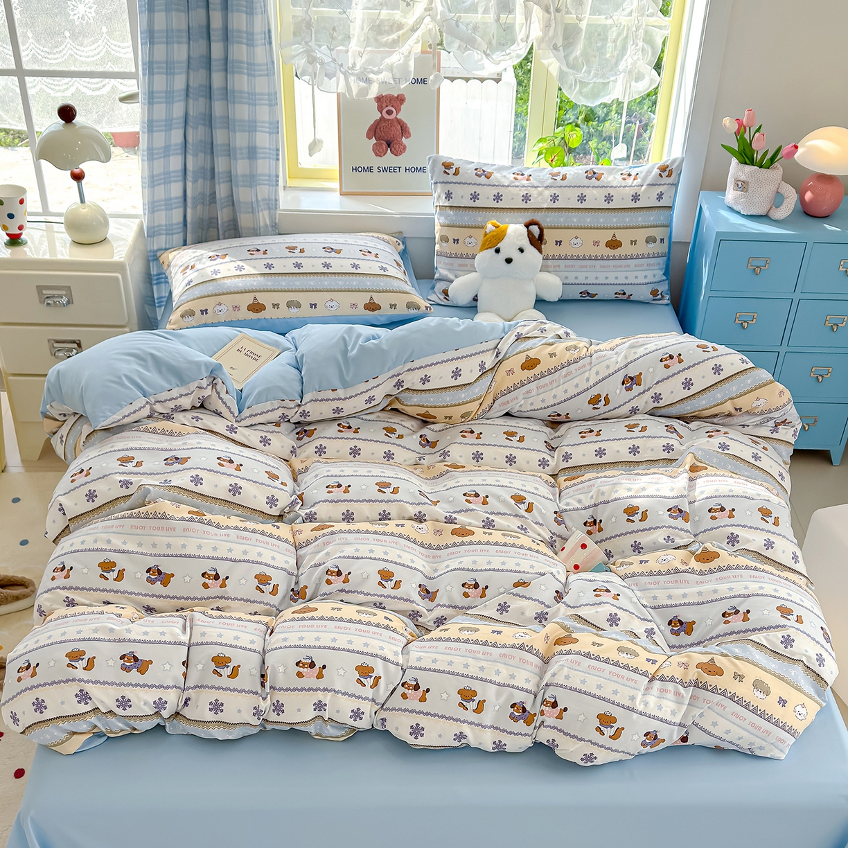 91家纺网 家纺一手货源 找家纺 元禾 2026新款A类古法水洗仿棉云感纱四件套 狗狗乐园