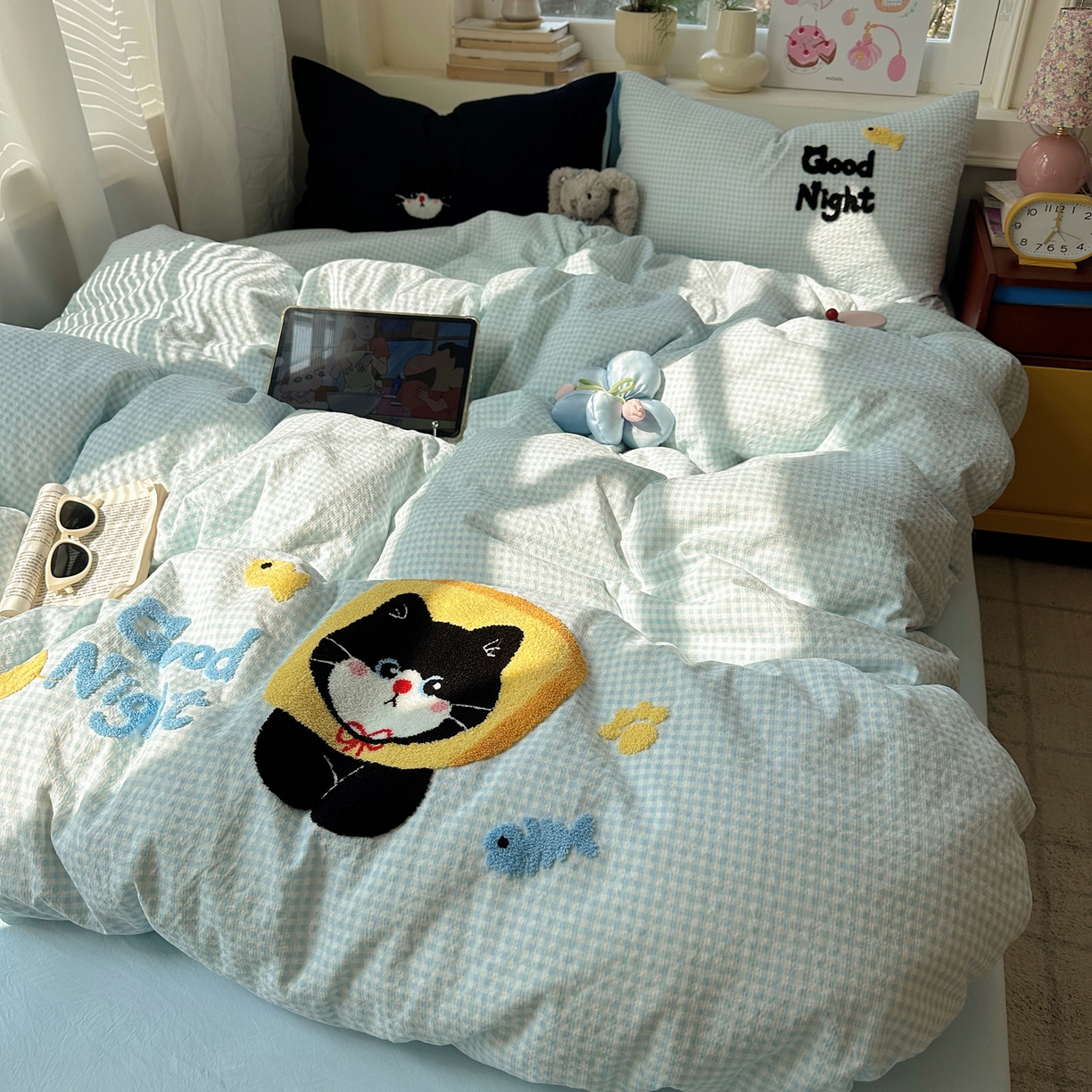 91家纺网 家纺一手货源 找家纺 顾里家纺 2026春夏新款ins可爱风云朵毛巾绣四件套（会员-3元  床笠定制不退换0 碳水面包