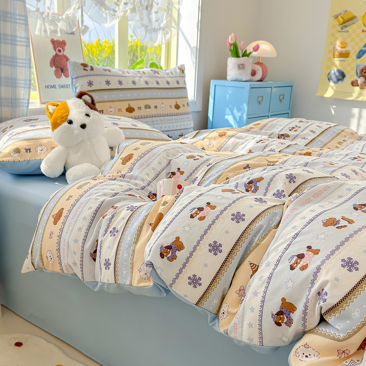 91家纺网 家纺一手货源 找家纺 元禾 2026新款A类古法水洗仿棉云感纱四件套 狗狗乐园