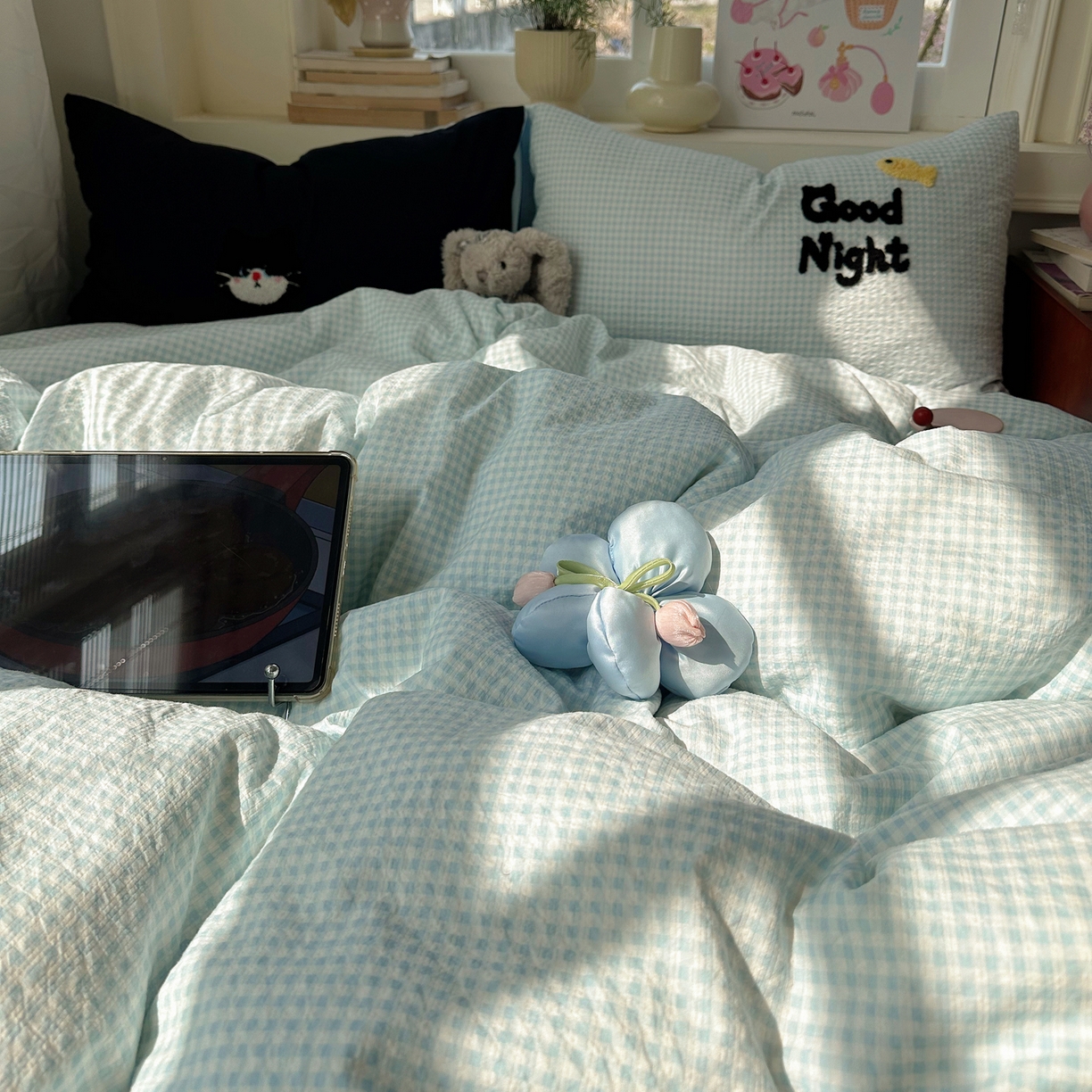 91家纺网 家纺一手货源 找家纺 顾里家纺 2026春夏新款ins可爱风云朵毛巾绣四件套（会员-3元  床笠定制不退换0 碳水面包