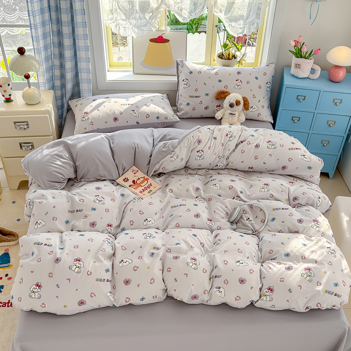 91家纺网 家纺一手货源 找家纺 元禾 2026新款A类古法水洗仿棉云感纱四件套 乖乖狗-灰