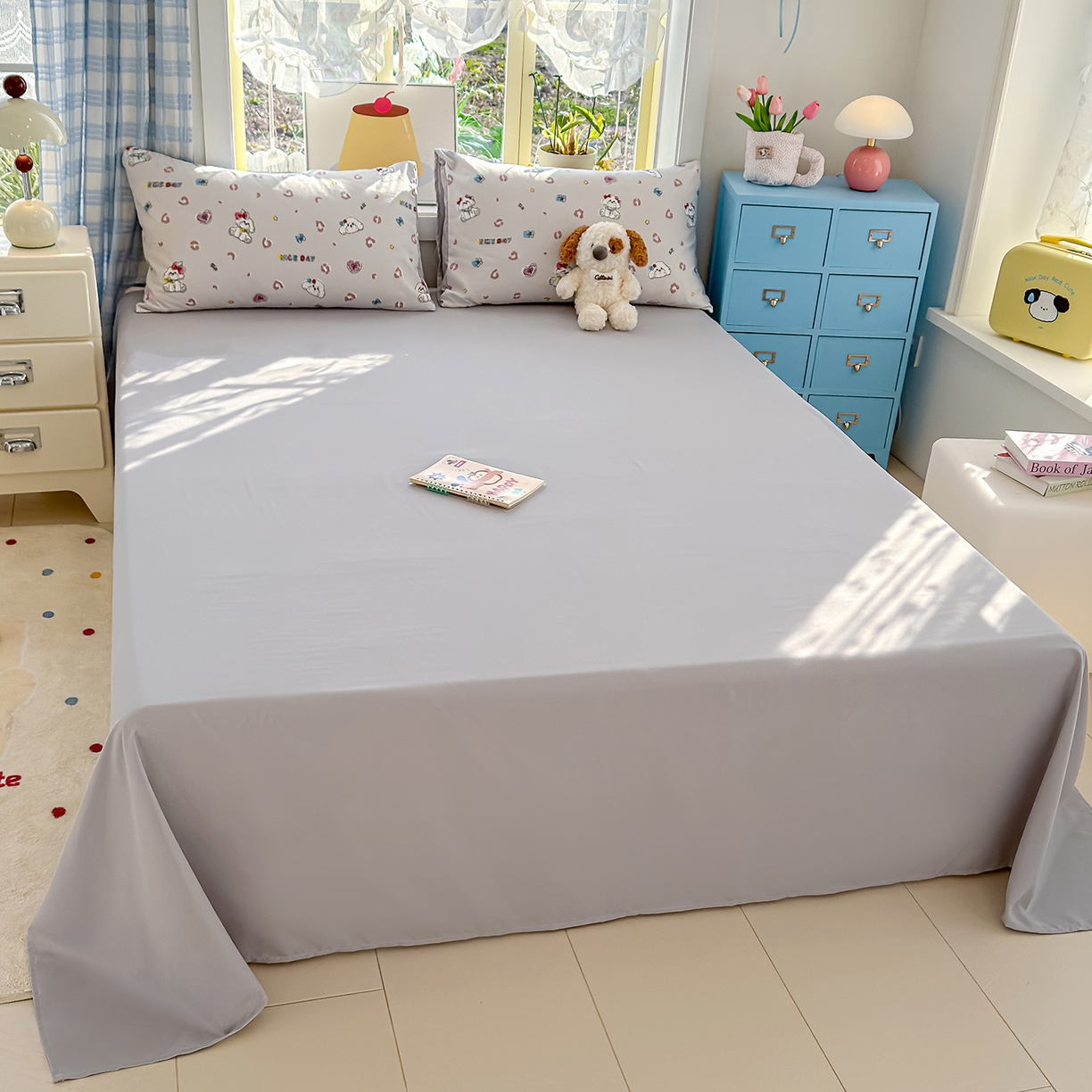 91家纺网 家纺一手货源 找家纺 元禾 2026新款A类古法水洗仿棉云感纱四件套 乖乖狗-灰