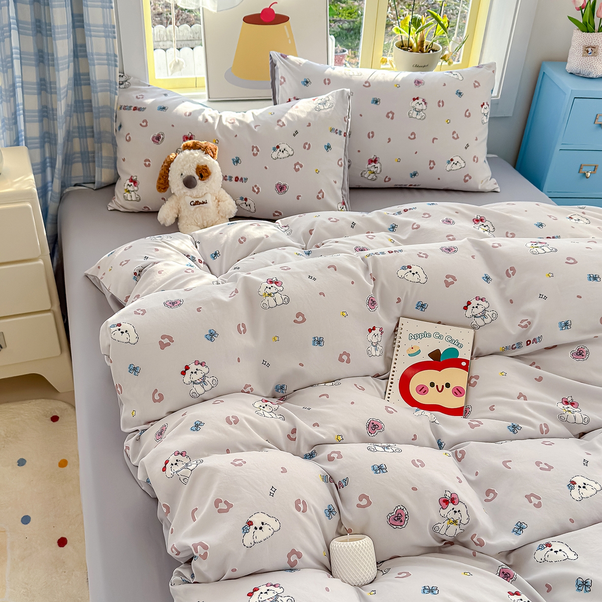 91家纺网 家纺一手货源 找家纺 元禾 2026新款A类古法水洗仿棉云感纱四件套 乖乖狗-灰