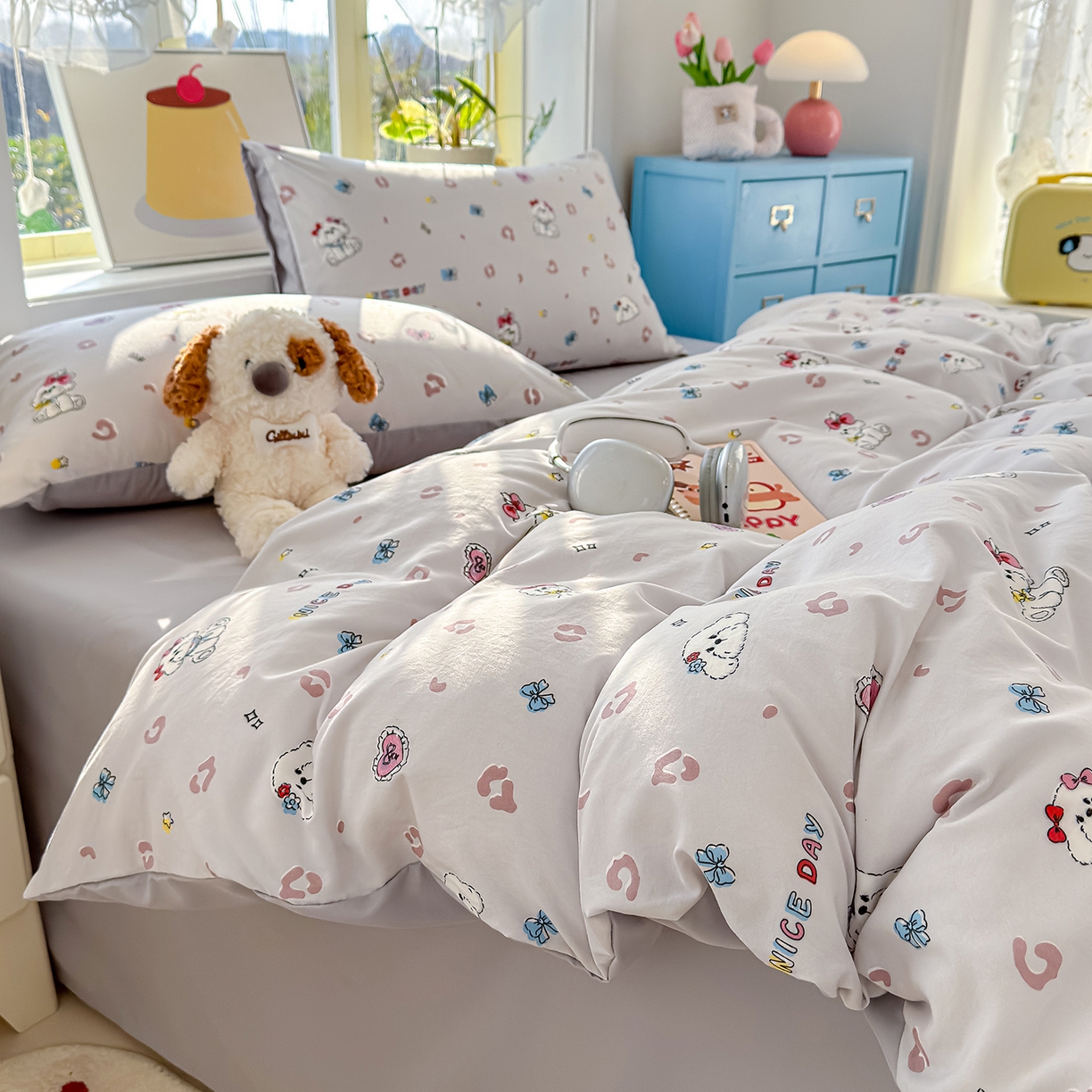 91家纺网 家纺一手货源 找家纺 元禾 2026新款A类古法水洗仿棉云感纱四件套 乖乖狗-灰