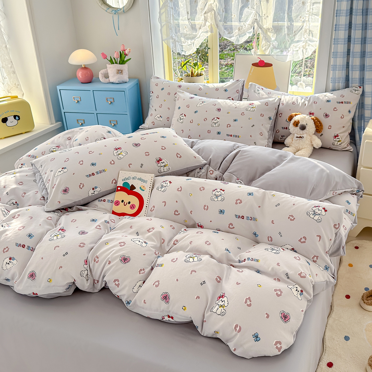 91家纺网 家纺一手货源 找家纺 元禾 2026新款A类古法水洗仿棉云感纱四件套 乖乖狗-灰