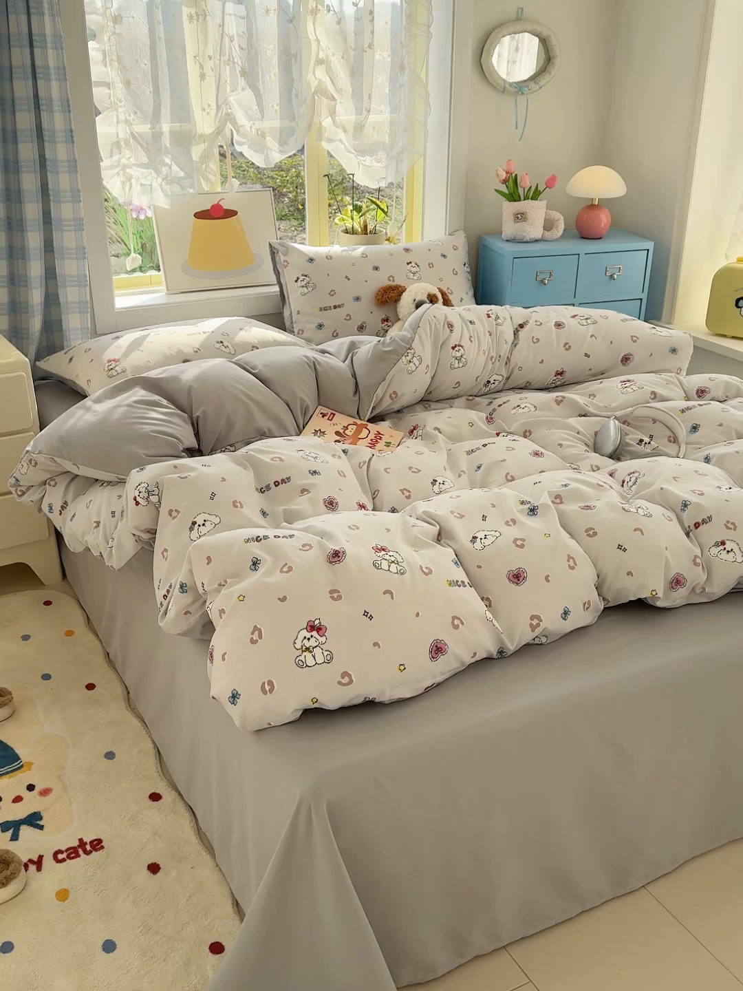 91家纺网 家纺一手货源 找家纺 元禾 2026新款A类古法水洗仿棉云感纱四件套 乖乖狗-灰