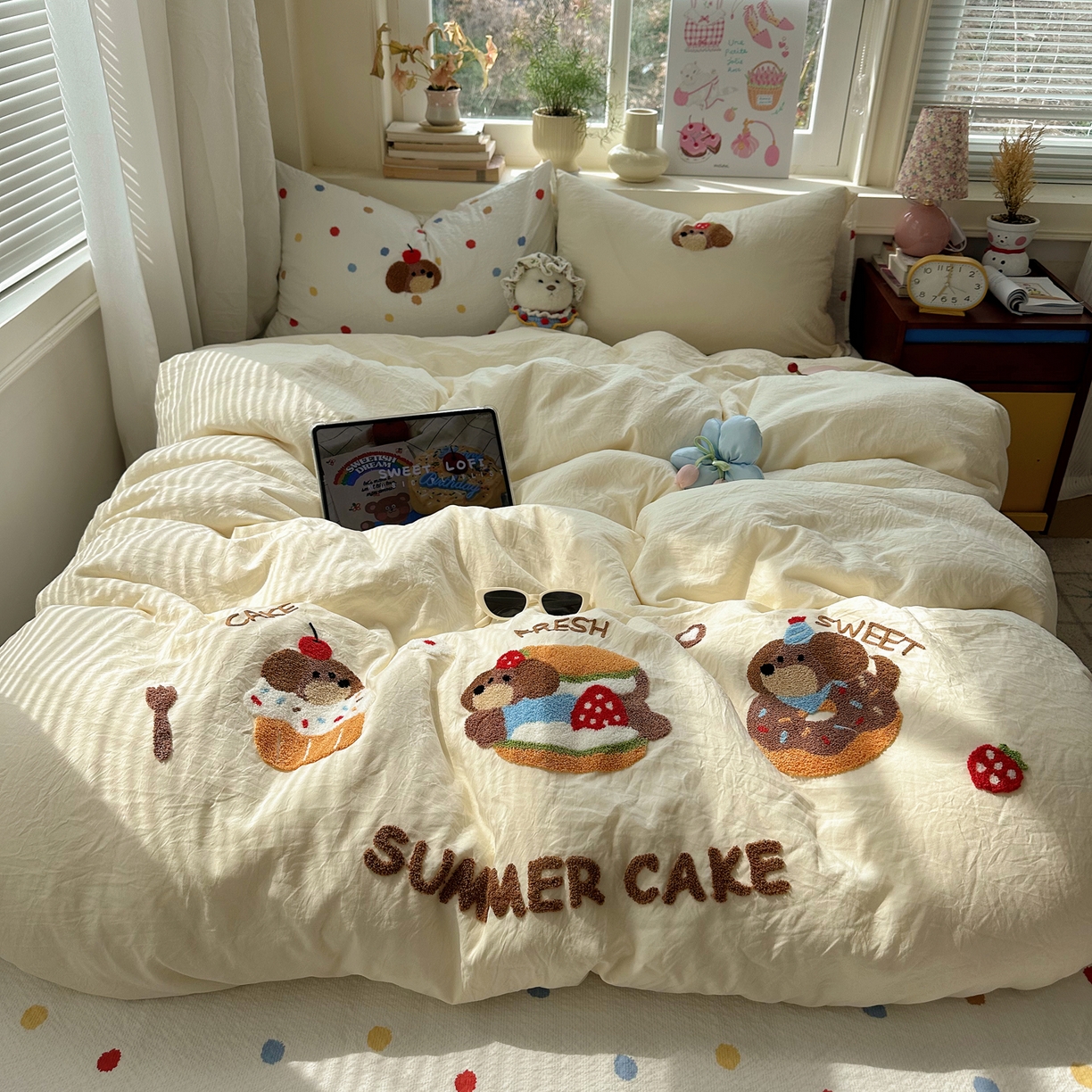 顾里家纺 2026春夏新款ins可爱风云朵毛巾绣四件套（会员-3元  床笠定制不退换0 甜品腊肠狗