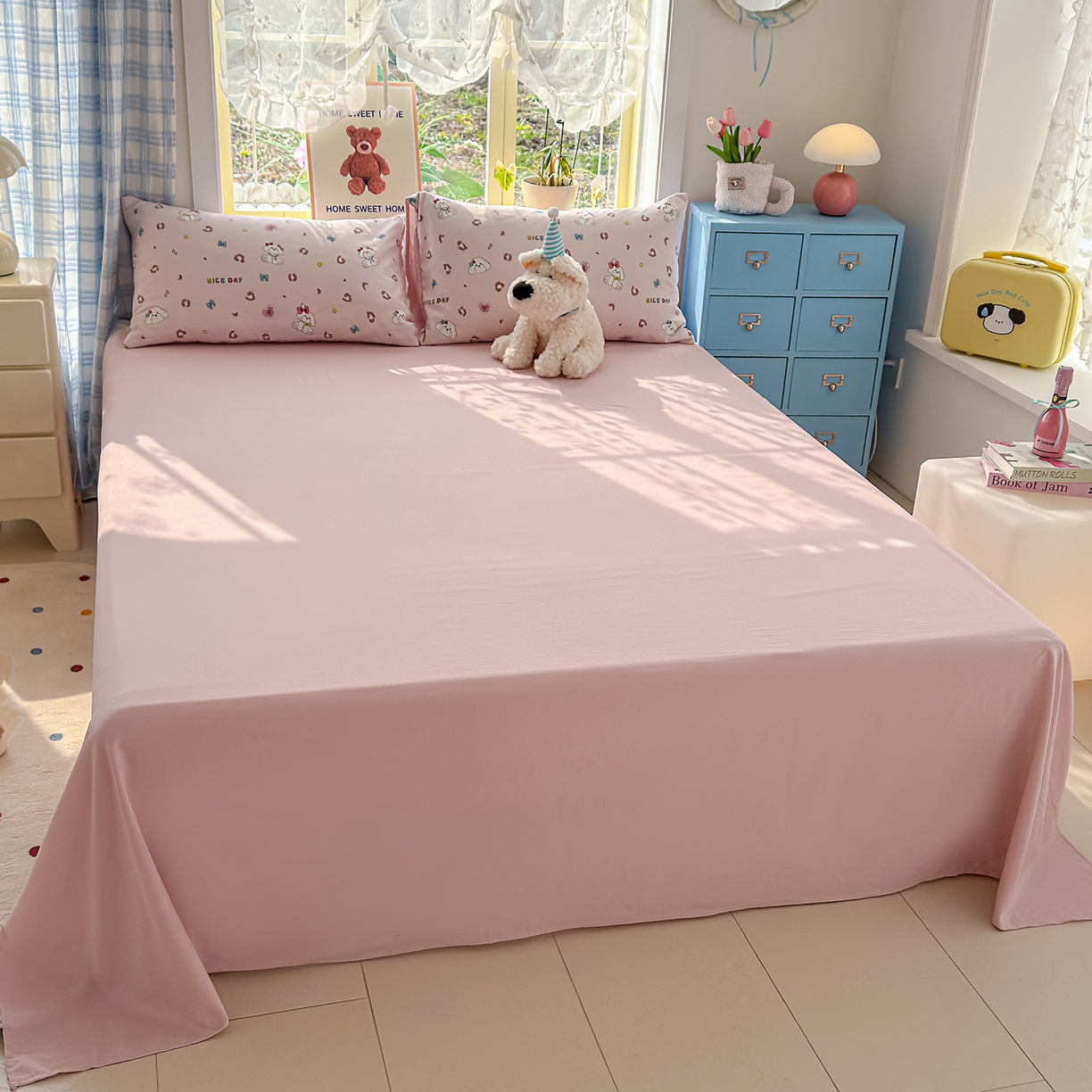 91家纺网 家纺一手货源 找家纺 元禾 2026新款A类古法水洗仿棉云感纱四件套 乖乖狗-玉