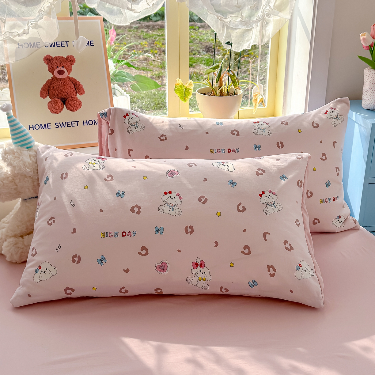 91家纺网 家纺一手货源 找家纺 元禾 2026新款A类古法水洗仿棉云感纱四件套 乖乖狗-玉