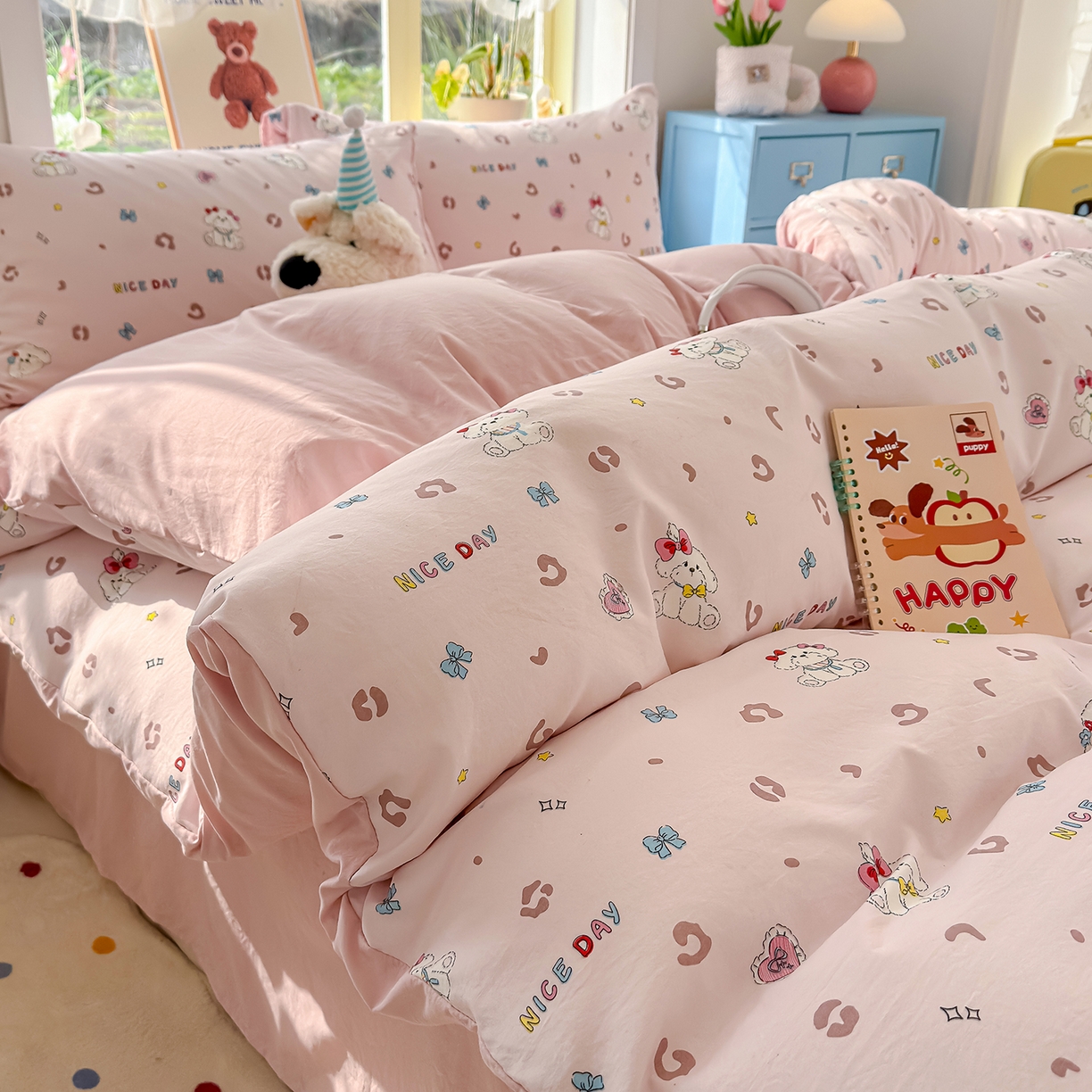 91家纺网 家纺一手货源 找家纺 元禾 2026新款A类古法水洗仿棉云感纱四件套 乖乖狗-玉