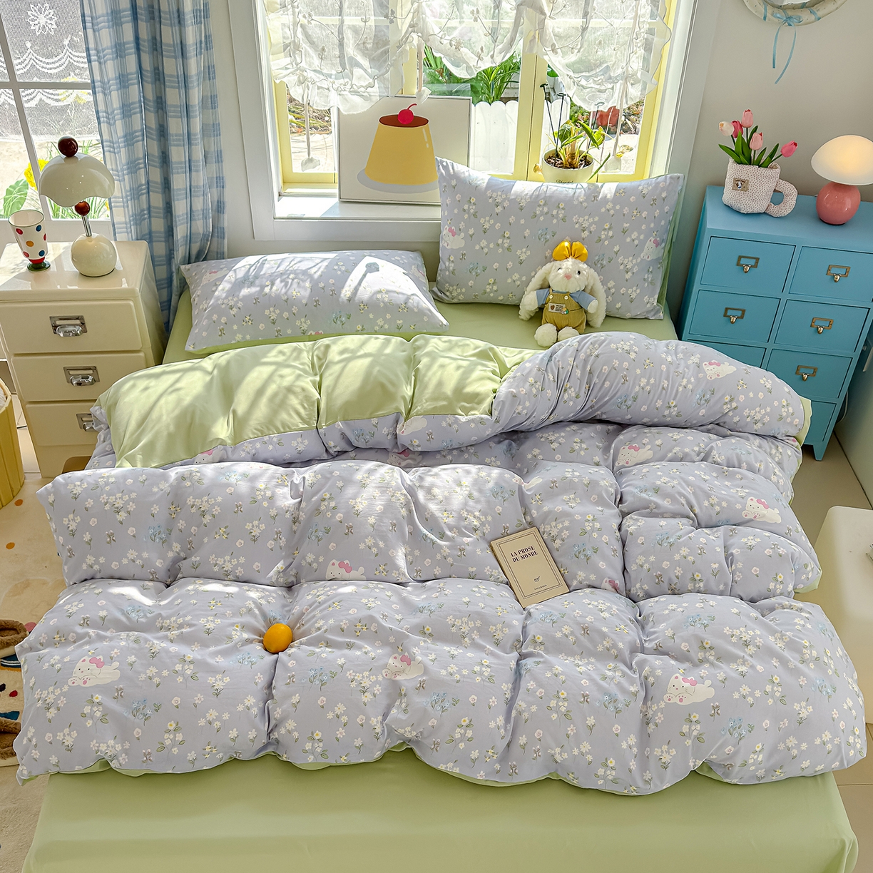 91家纺网 家纺一手货源 找家纺 元禾 2026新款A类古法水洗仿棉云感纱四件套 花园小猫