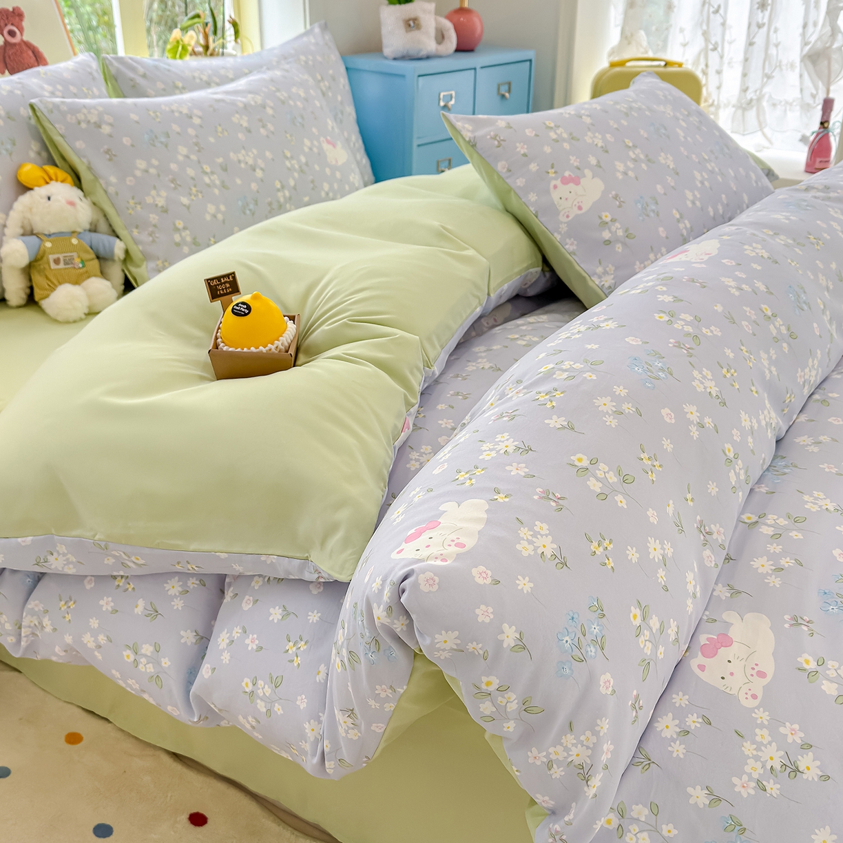 元禾 2026新款A类古法水洗仿棉云感纱四件套 花园小猫