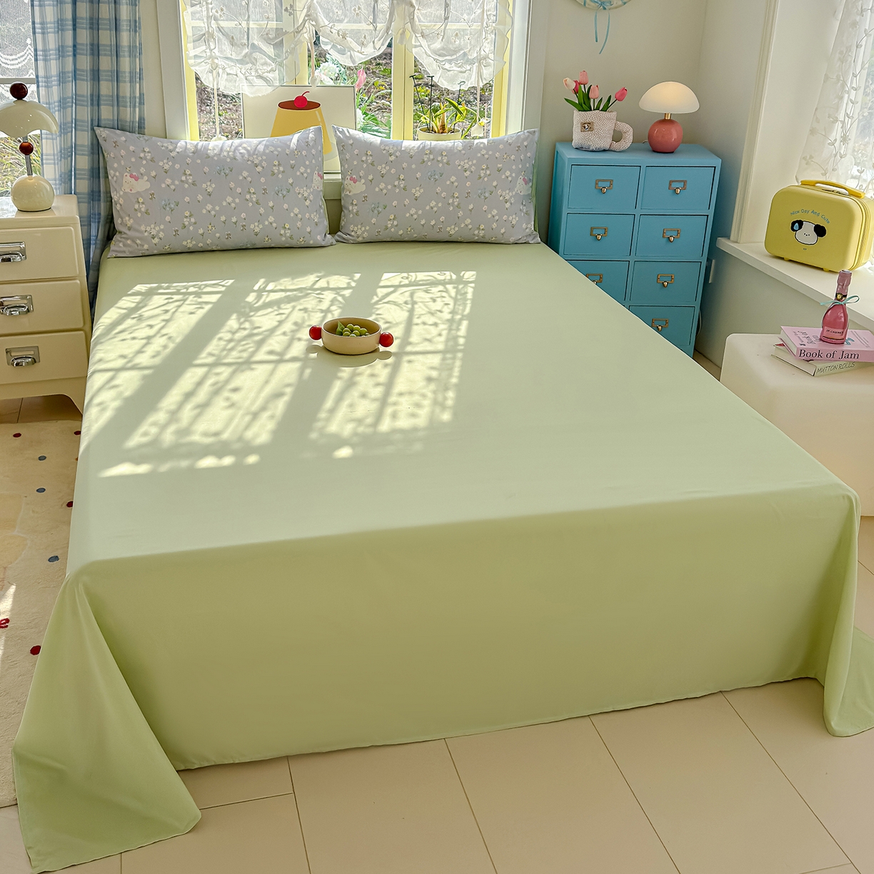 91家纺网 家纺一手货源 找家纺 元禾 2026新款A类古法水洗仿棉云感纱四件套 花园小猫