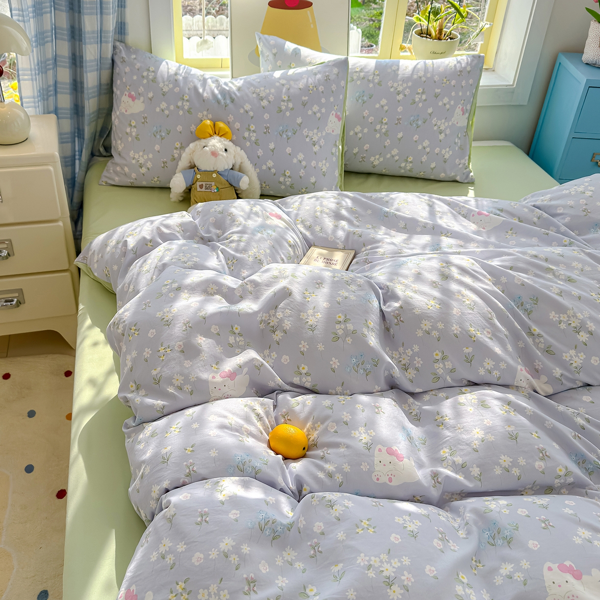 91家纺网 家纺一手货源 找家纺 元禾 2026新款A类古法水洗仿棉云感纱四件套 花园小猫