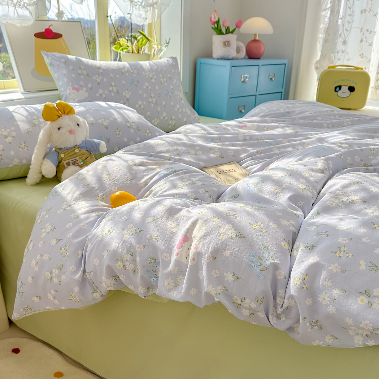 91家纺网 家纺一手货源 找家纺 元禾 2026新款A类古法水洗仿棉云感纱四件套 花园小猫