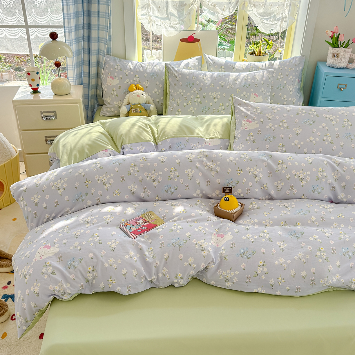 91家纺网 家纺一手货源 找家纺 元禾 2026新款A类古法水洗仿棉云感纱四件套 花园小猫