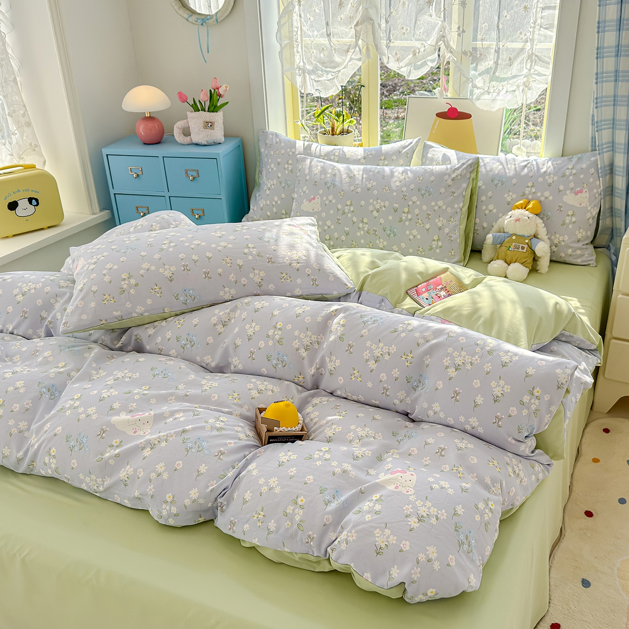 91家纺网 家纺一手货源 找家纺 元禾 2026新款A类古法水洗仿棉云感纱四件套 花园小猫