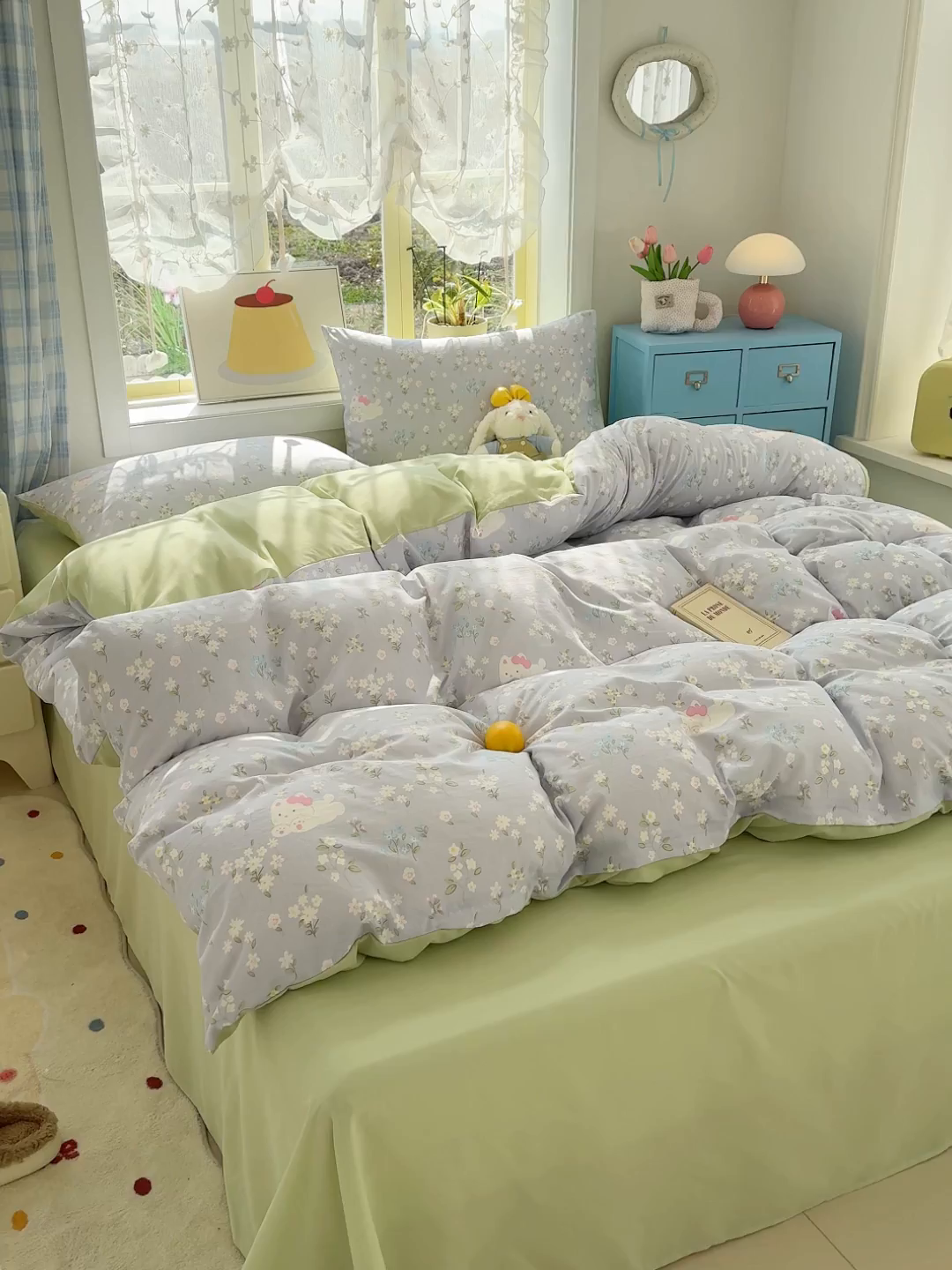 91家纺网 家纺一手货源 找家纺 元禾 2026新款A类古法水洗仿棉云感纱四件套 花园小猫