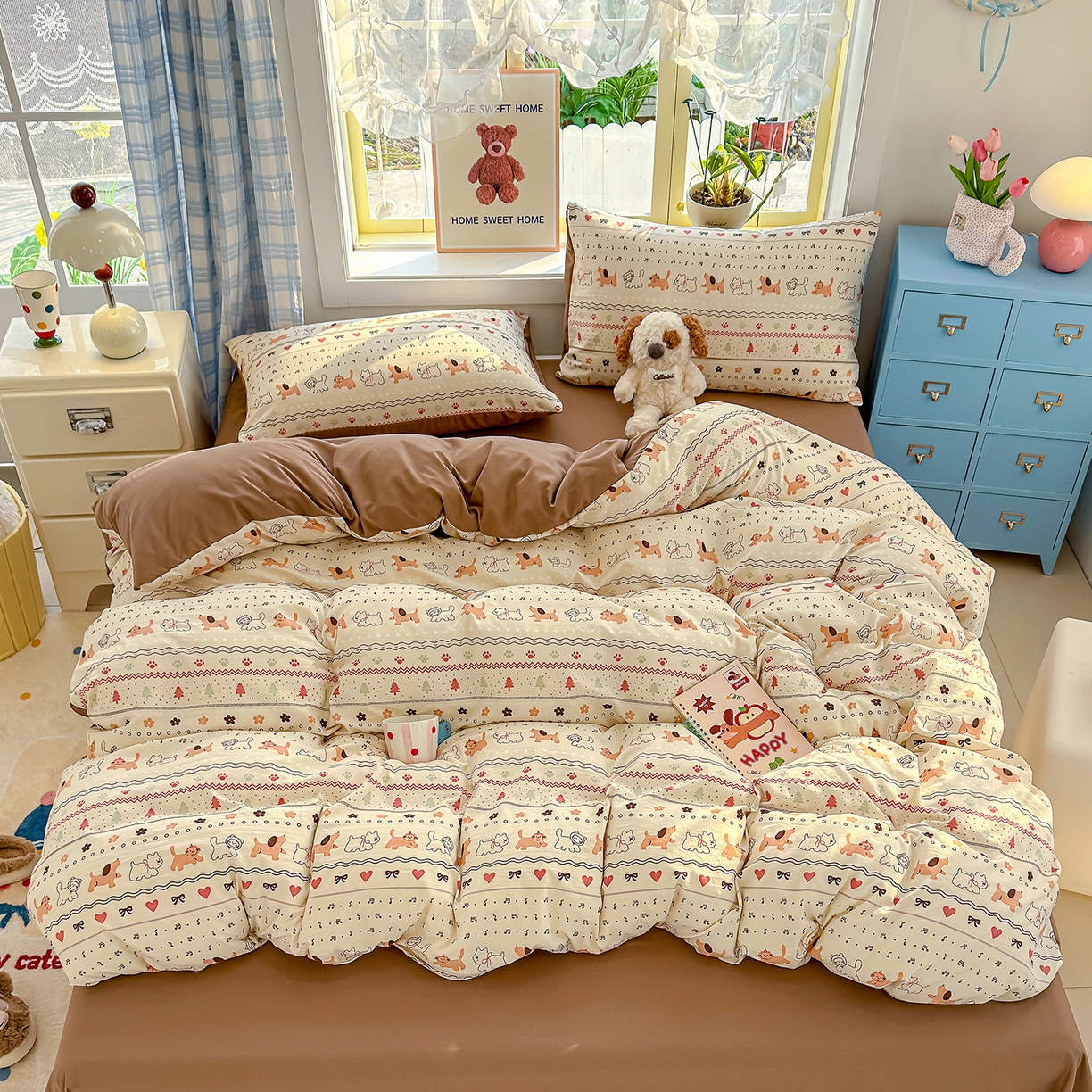 91家纺网 家纺一手货源 找家纺 元禾 2026新款A类古法水洗仿棉云感纱四件套 猫狗狂欢夜