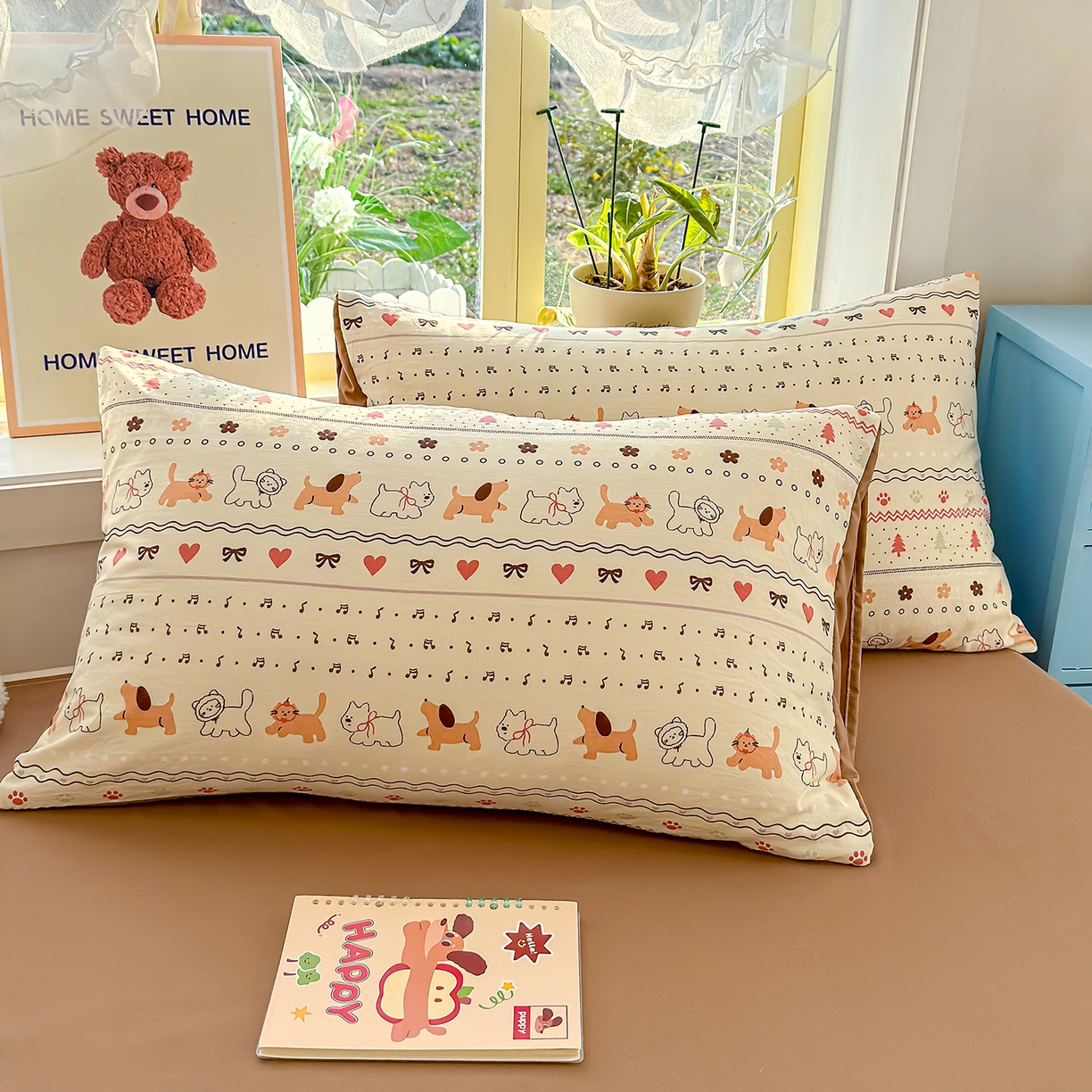 91家纺网 家纺一手货源 找家纺 元禾 2026新款A类古法水洗仿棉云感纱四件套 猫狗狂欢夜