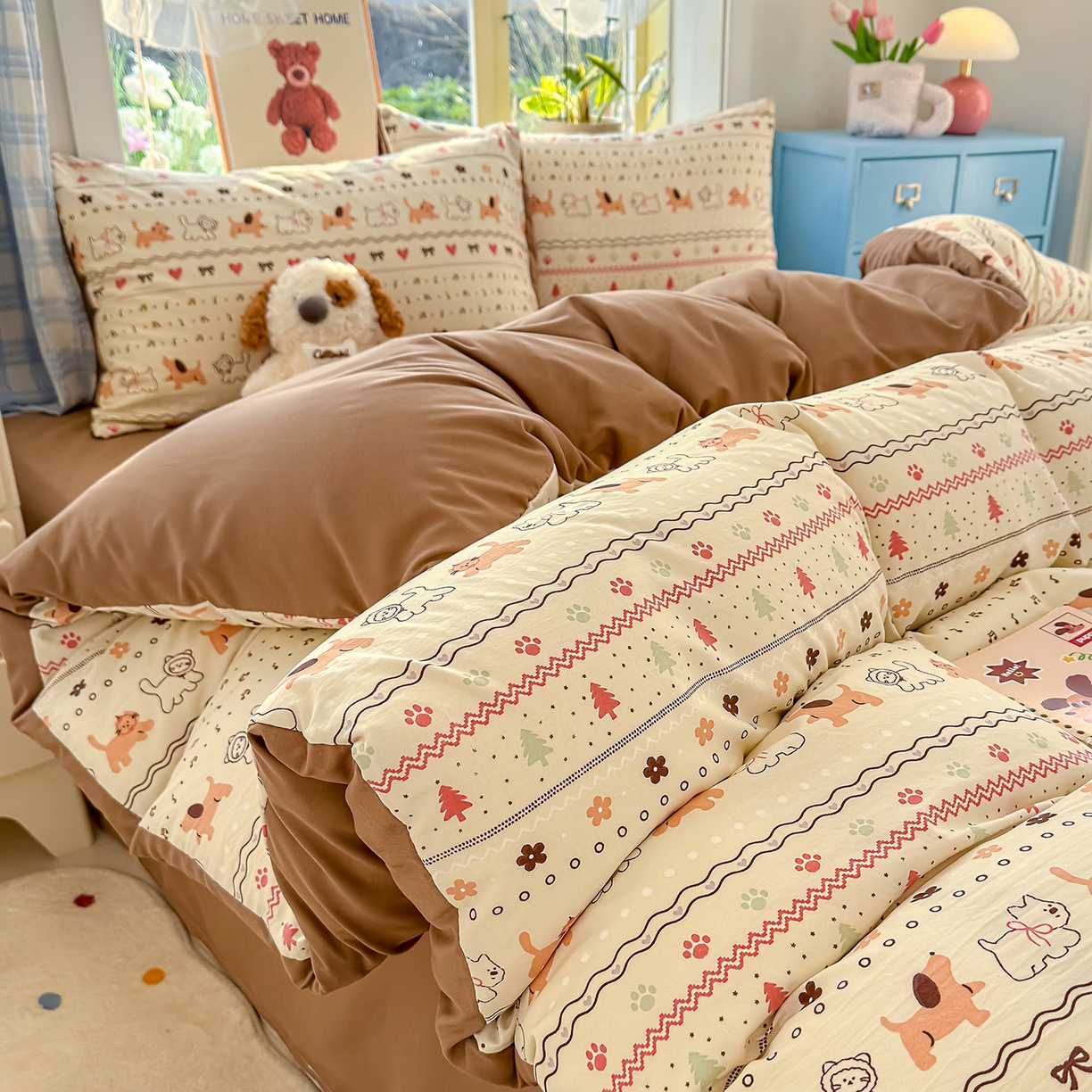 91家纺网 家纺一手货源 找家纺 元禾 2026新款A类古法水洗仿棉云感纱四件套 猫狗狂欢夜