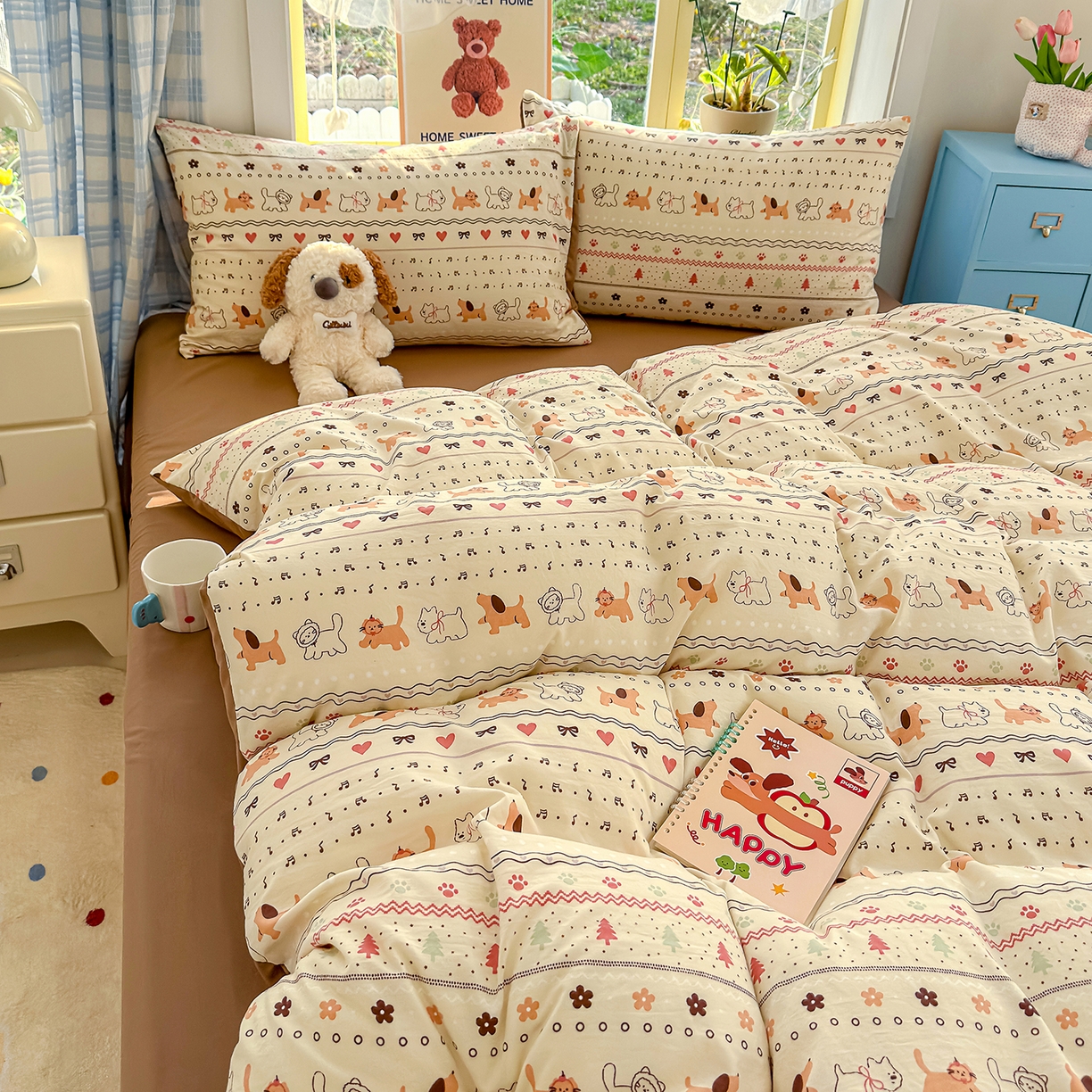 91家纺网 家纺一手货源 找家纺 元禾 2026新款A类古法水洗仿棉云感纱四件套 猫狗狂欢夜