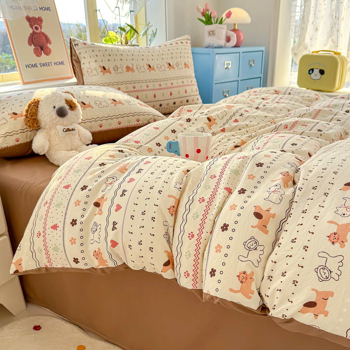 91家纺网 家纺一手货源 找家纺 元禾 2026新款A类古法水洗仿棉云感纱四件套 猫狗狂欢夜