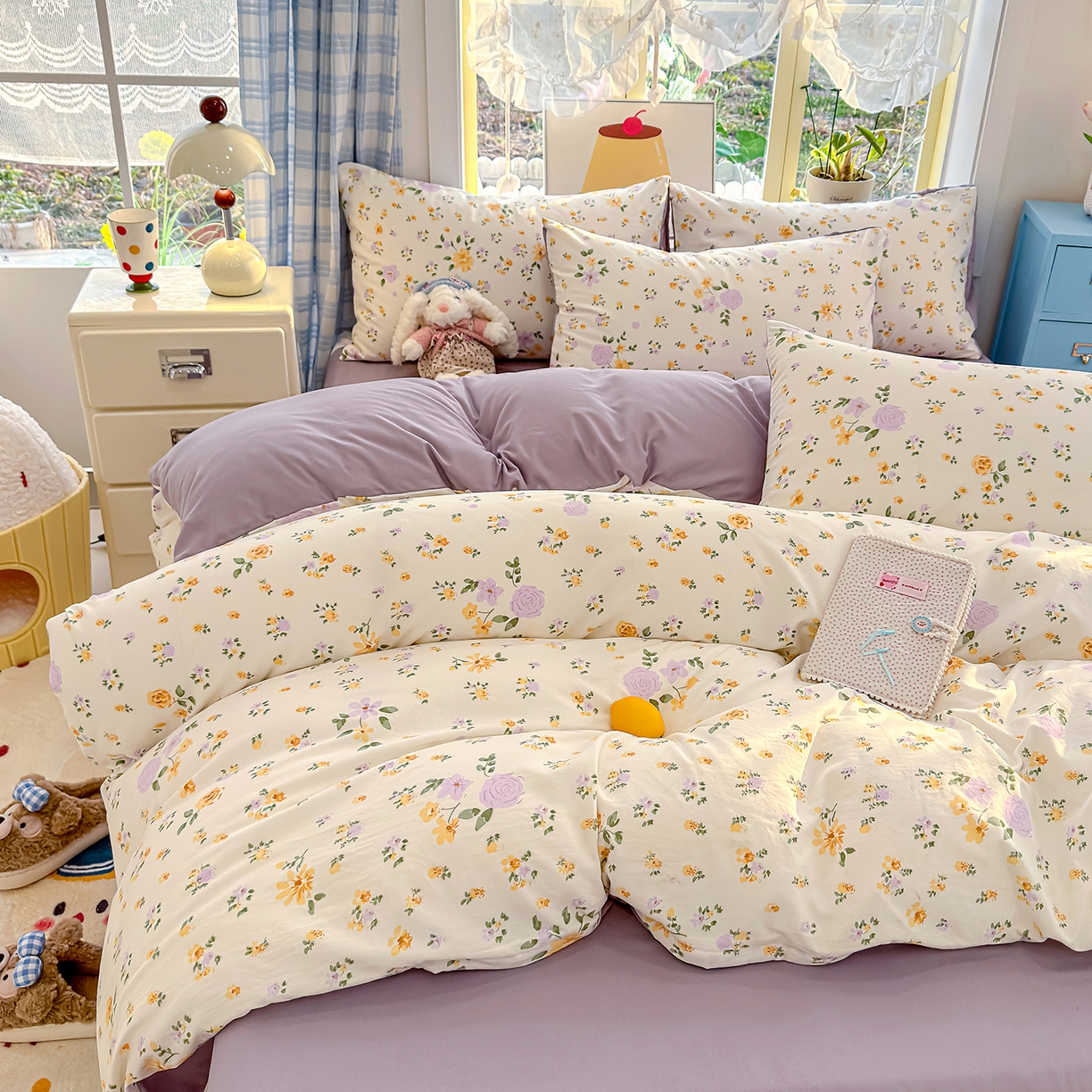 91家纺网 家纺一手货源 找家纺 元禾 2026新款A类古法水洗仿棉云感纱四件套 莫兰迪