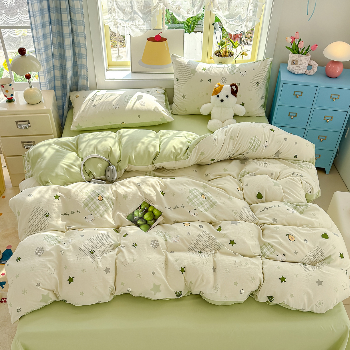 91家纺网 家纺一手货源 找家纺 元禾 2026新款A类古法水洗仿棉云感纱四件套 奶绿牛油果