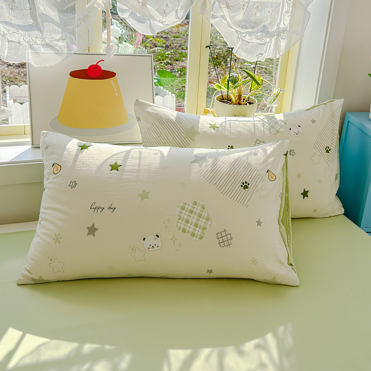 91家纺网 家纺一手货源 找家纺 元禾 2026新款A类古法水洗仿棉云感纱四件套 奶绿牛油果