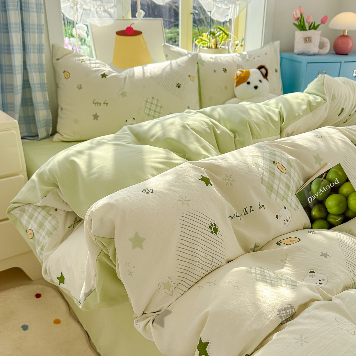 91家纺网 家纺一手货源 找家纺 元禾 2026新款A类古法水洗仿棉云感纱四件套 奶绿牛油果