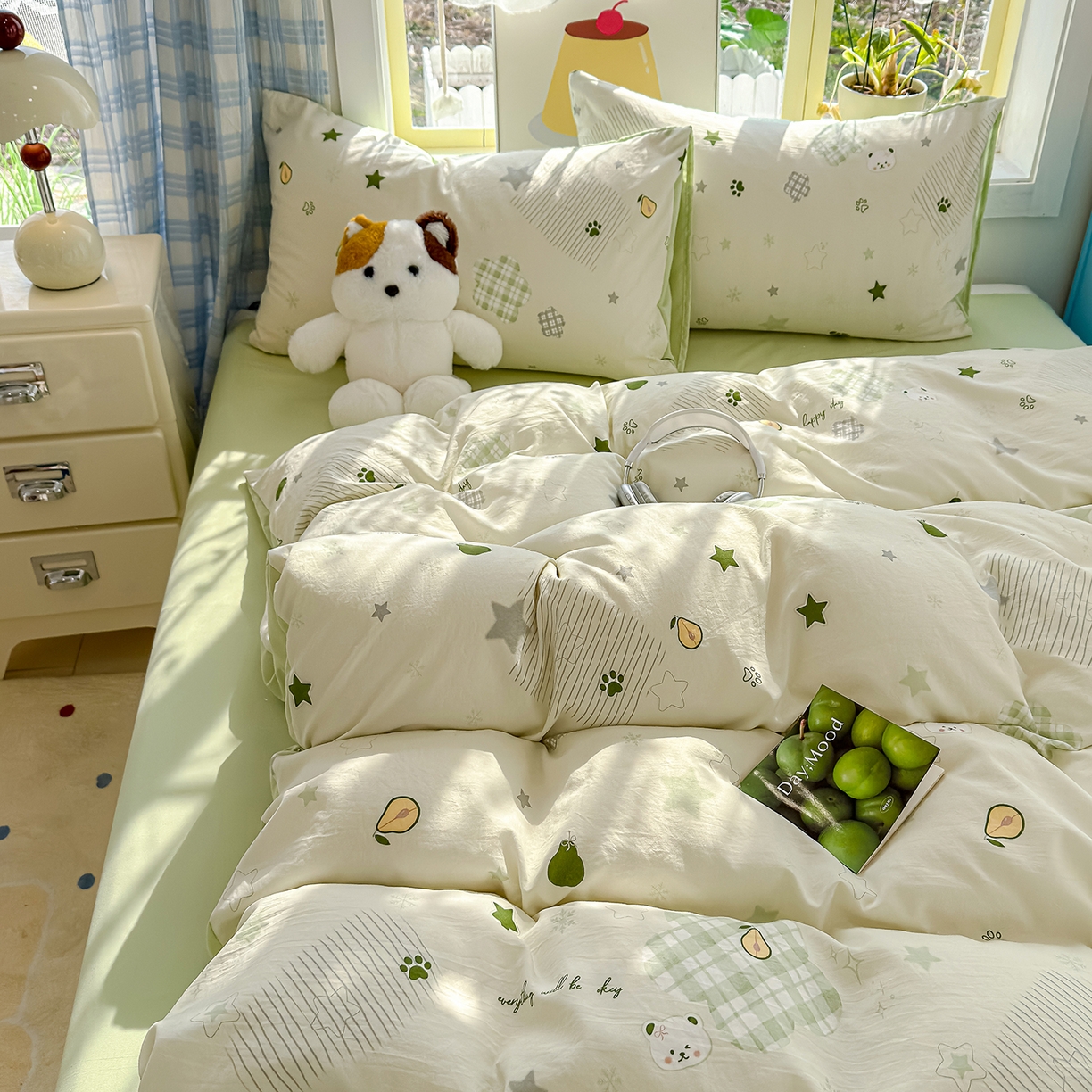 91家纺网 家纺一手货源 找家纺 元禾 2026新款A类古法水洗仿棉云感纱四件套 奶绿牛油果