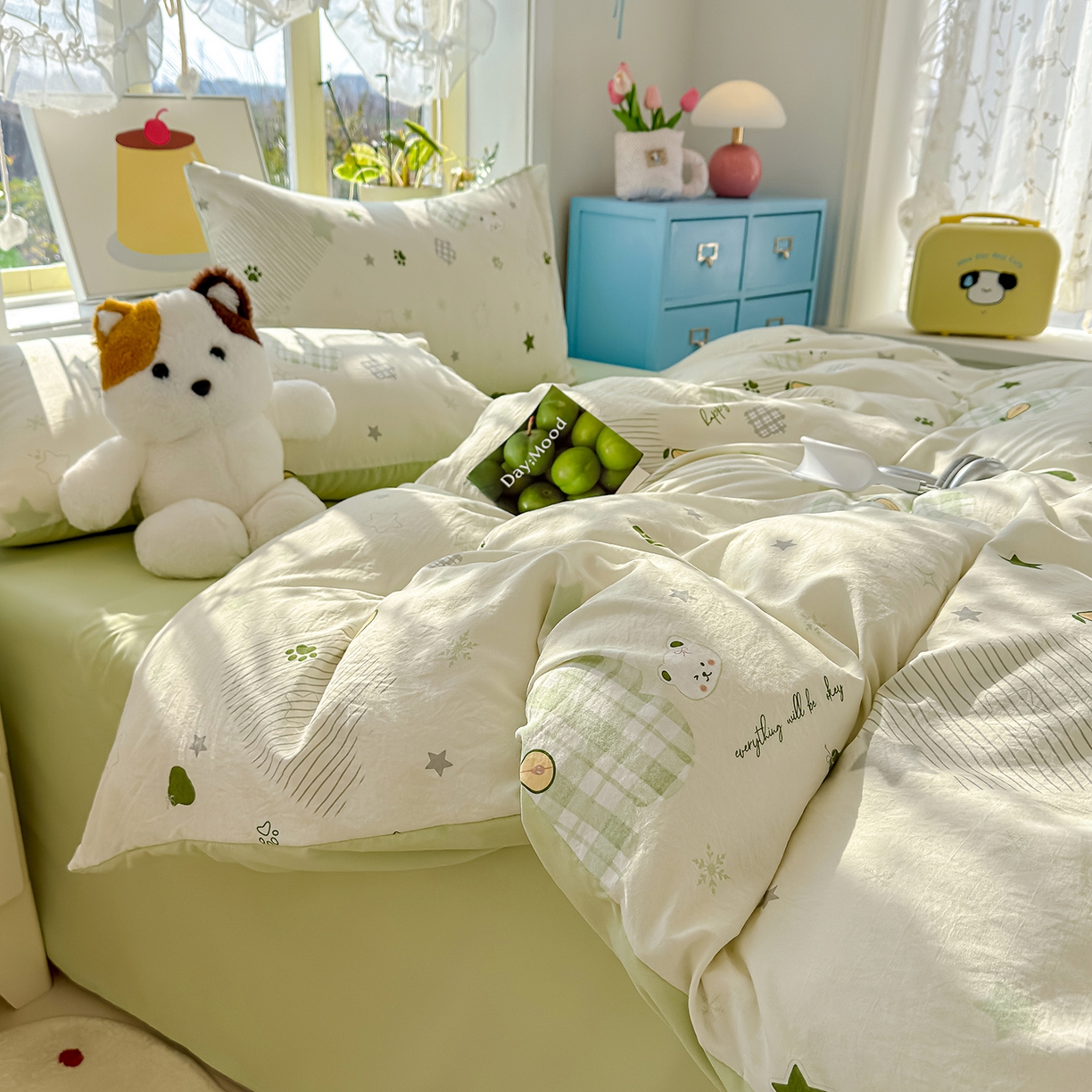 91家纺网 家纺一手货源 找家纺 元禾 2026新款A类古法水洗仿棉云感纱四件套 奶绿牛油果