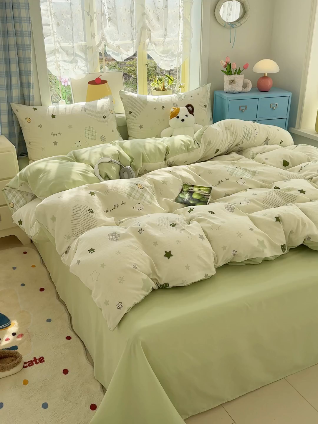 91家纺网 家纺一手货源 找家纺 元禾 2026新款A类古法水洗仿棉云感纱四件套 奶绿牛油果