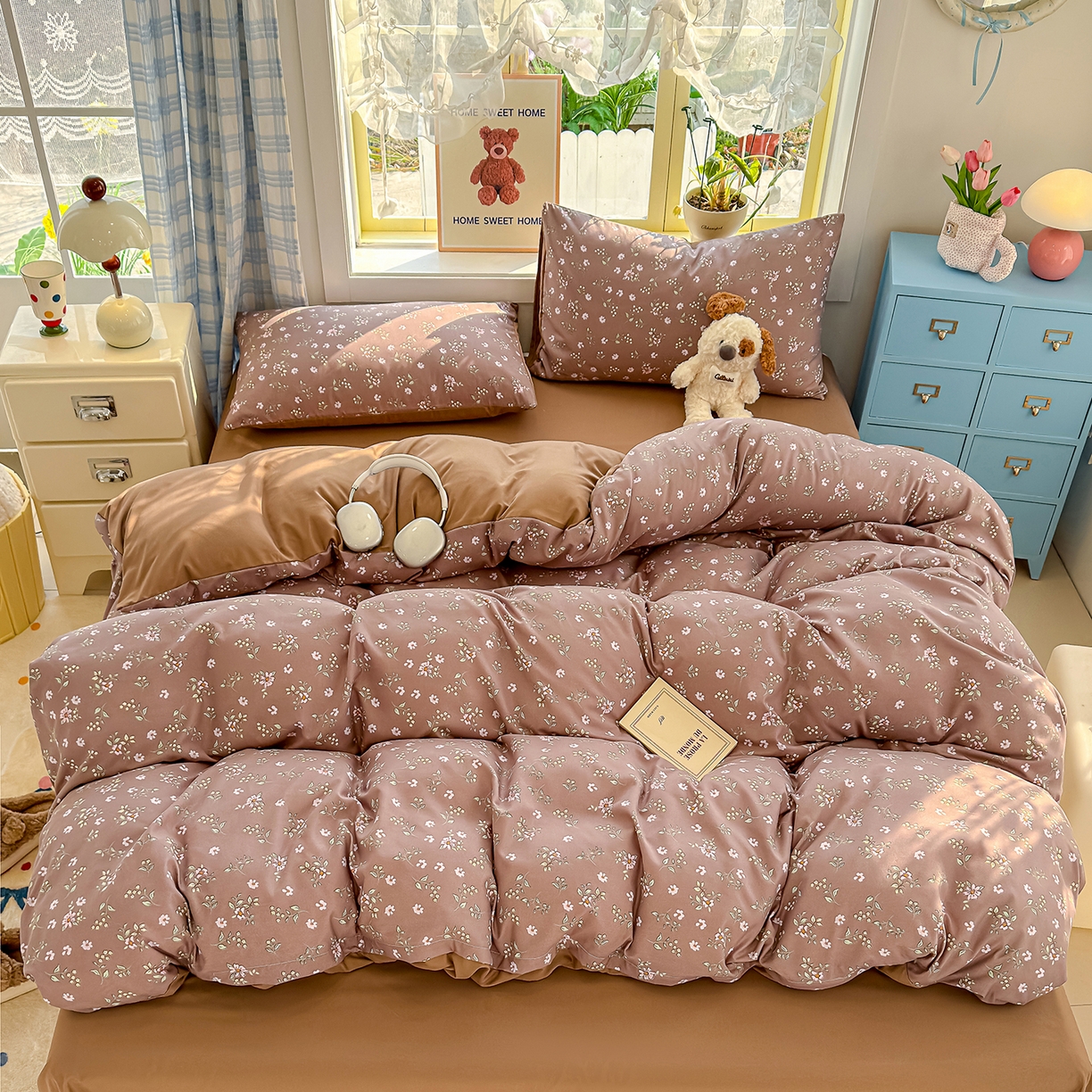 91家纺网 家纺一手货源 找家纺 元禾 2026新款A类古法水洗仿棉云感纱四件套 蔷薇花语