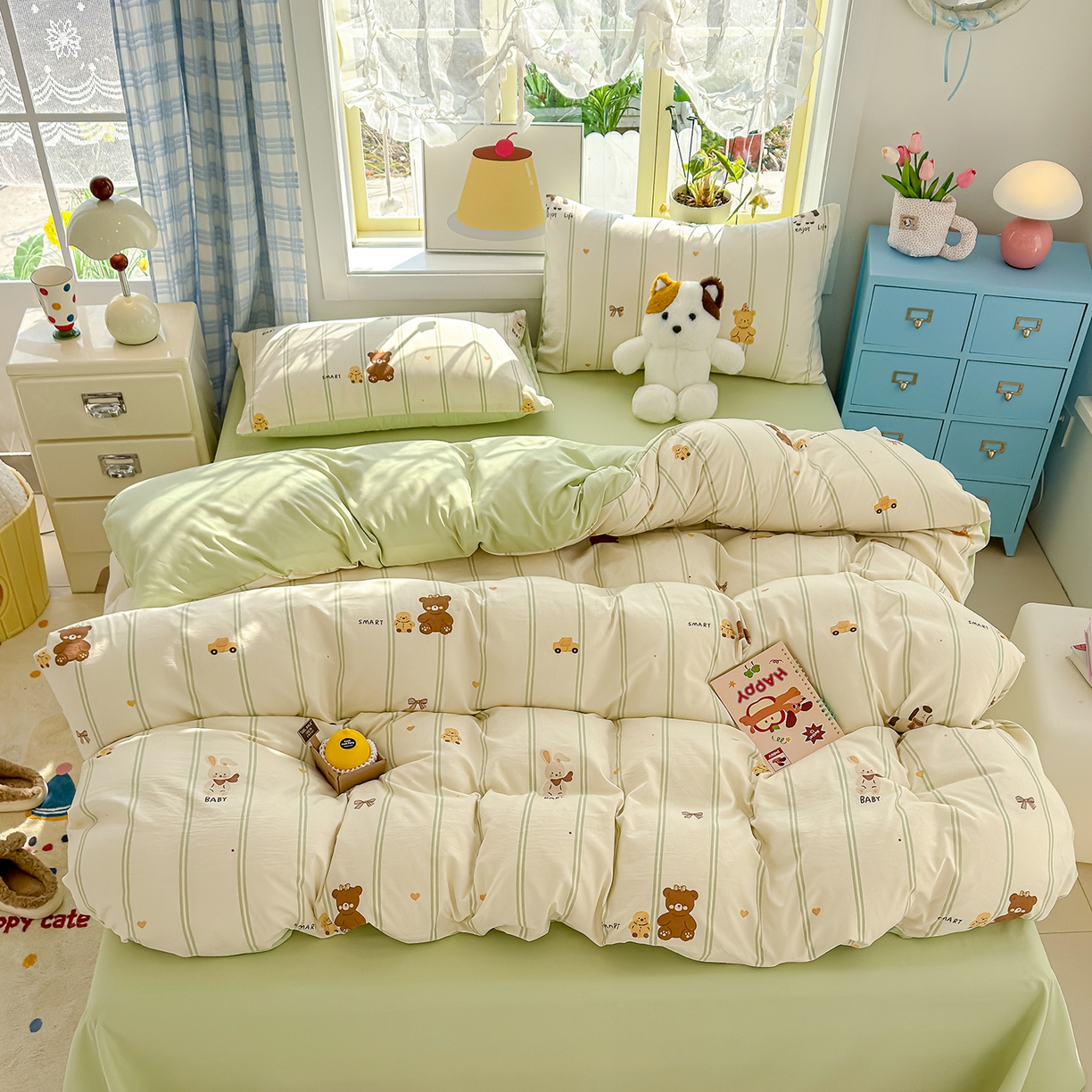 91家纺网 家纺一手货源 找家纺 元禾 2026新款A类古法水洗仿棉云感纱四件套 条纹小熊