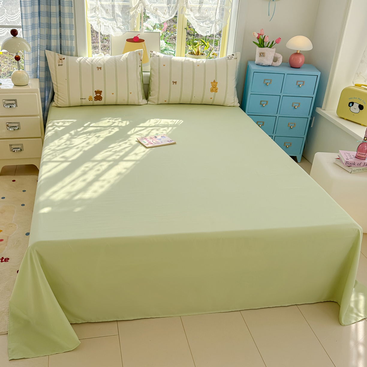 91家纺网 家纺一手货源 找家纺 元禾 2026新款A类古法水洗仿棉云感纱四件套 条纹小熊