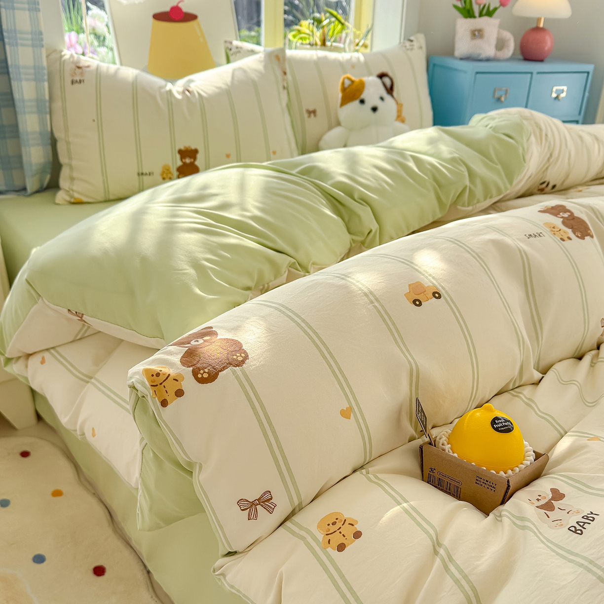 91家纺网 家纺一手货源 找家纺 元禾 2026新款A类古法水洗仿棉云感纱四件套 条纹小熊