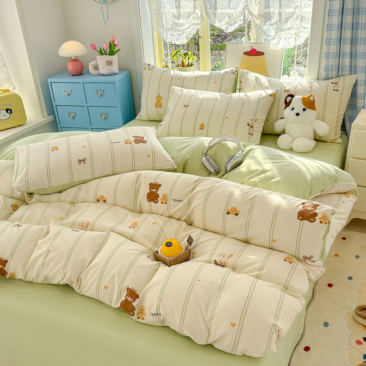 91家纺网 家纺一手货源 找家纺 元禾 2026新款A类古法水洗仿棉云感纱四件套 条纹小熊