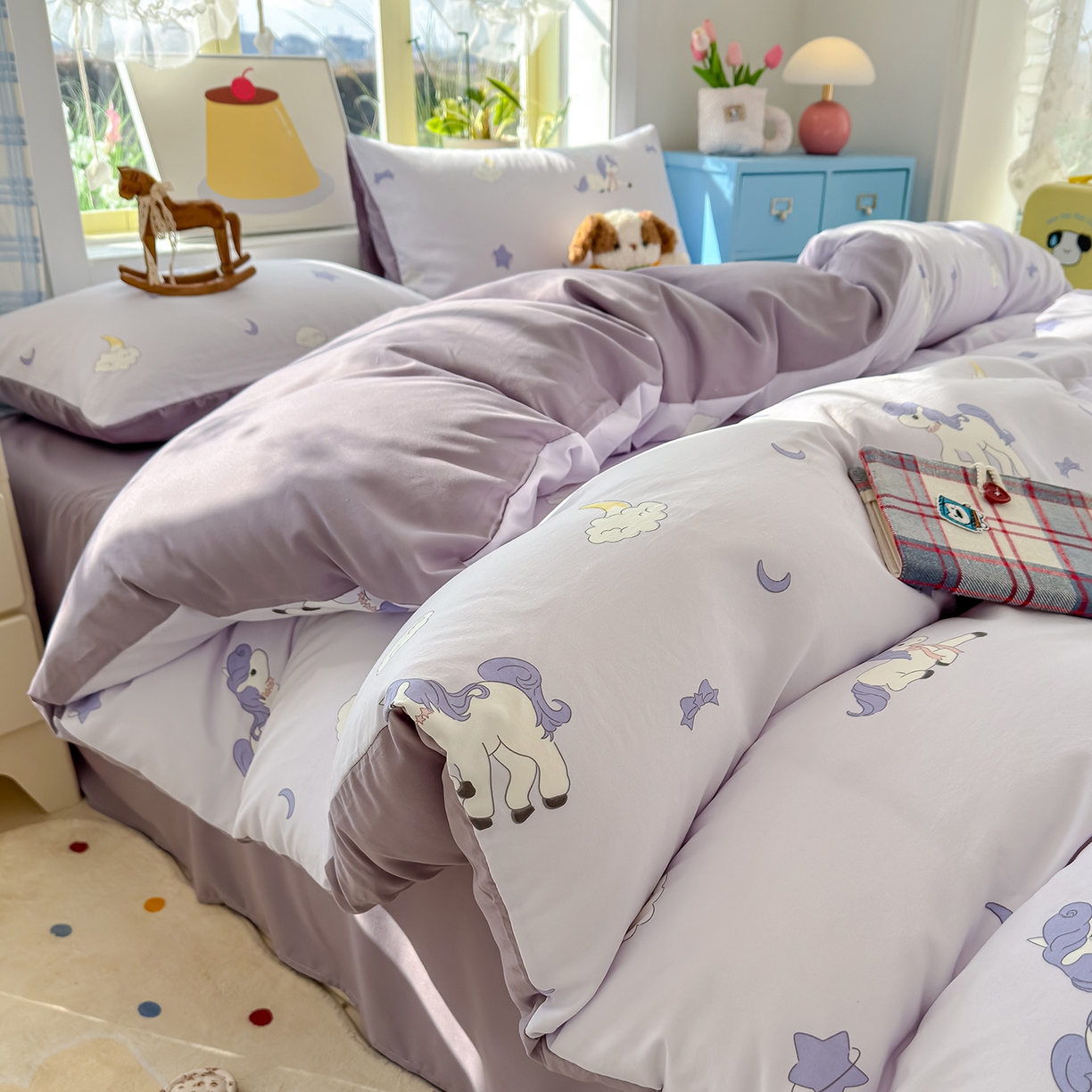 91家纺网 家纺一手货源 找家纺 元禾 2026新款A类古法水洗仿棉云感纱四件套 小马星河