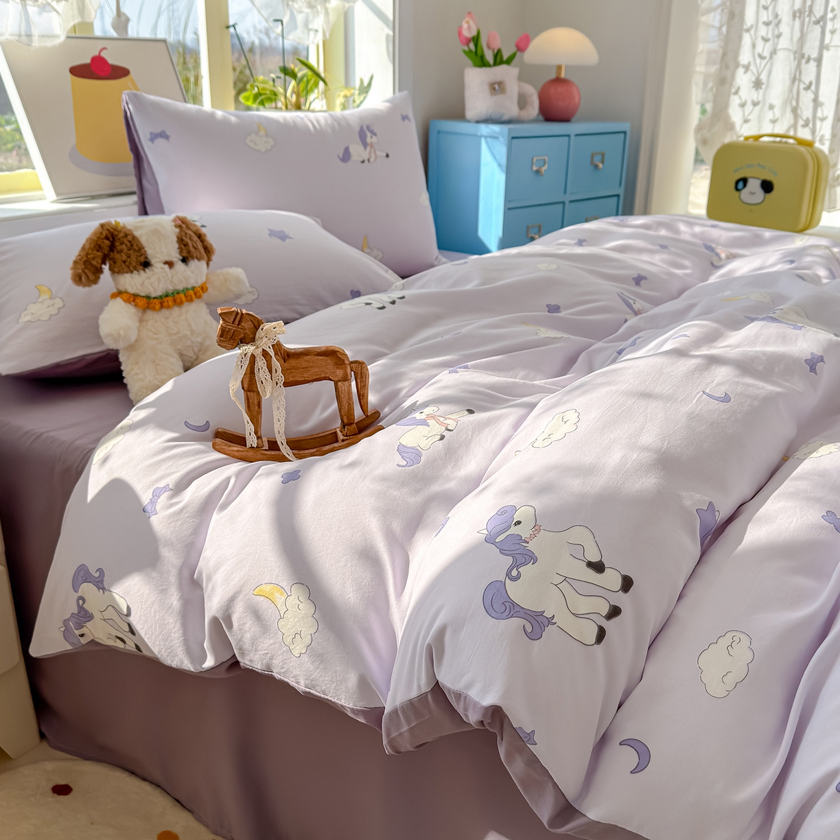 91家纺网 家纺一手货源 找家纺 元禾 2026新款A类古法水洗仿棉云感纱四件套 小马星河