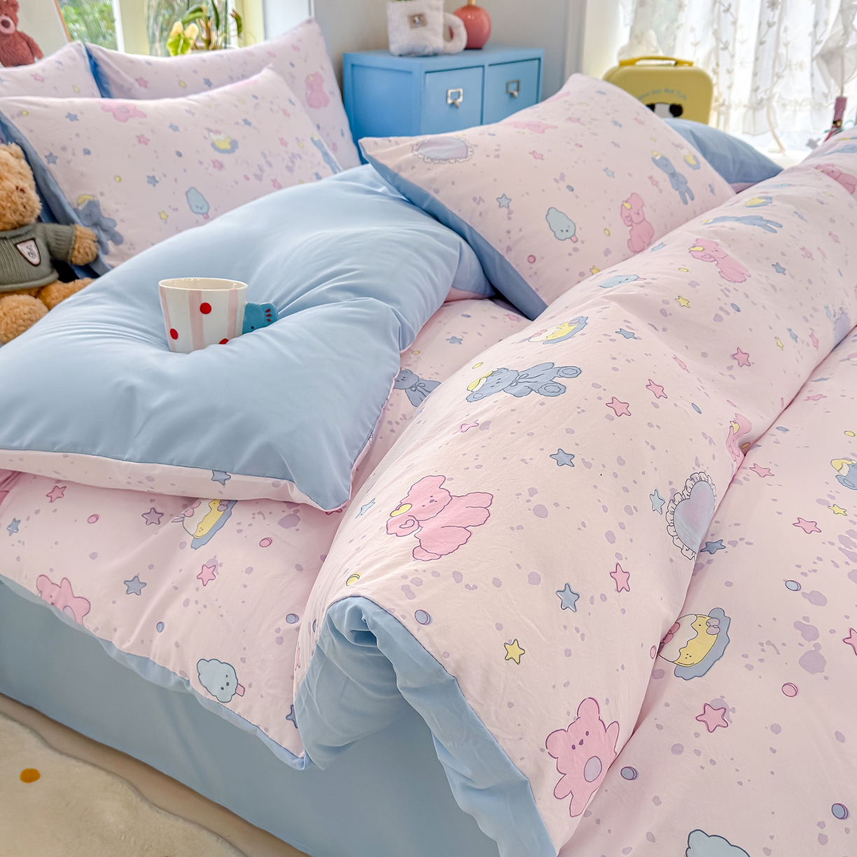 元禾 2026新款A类古法水洗仿棉云感纱四件套 星芒啵啵熊