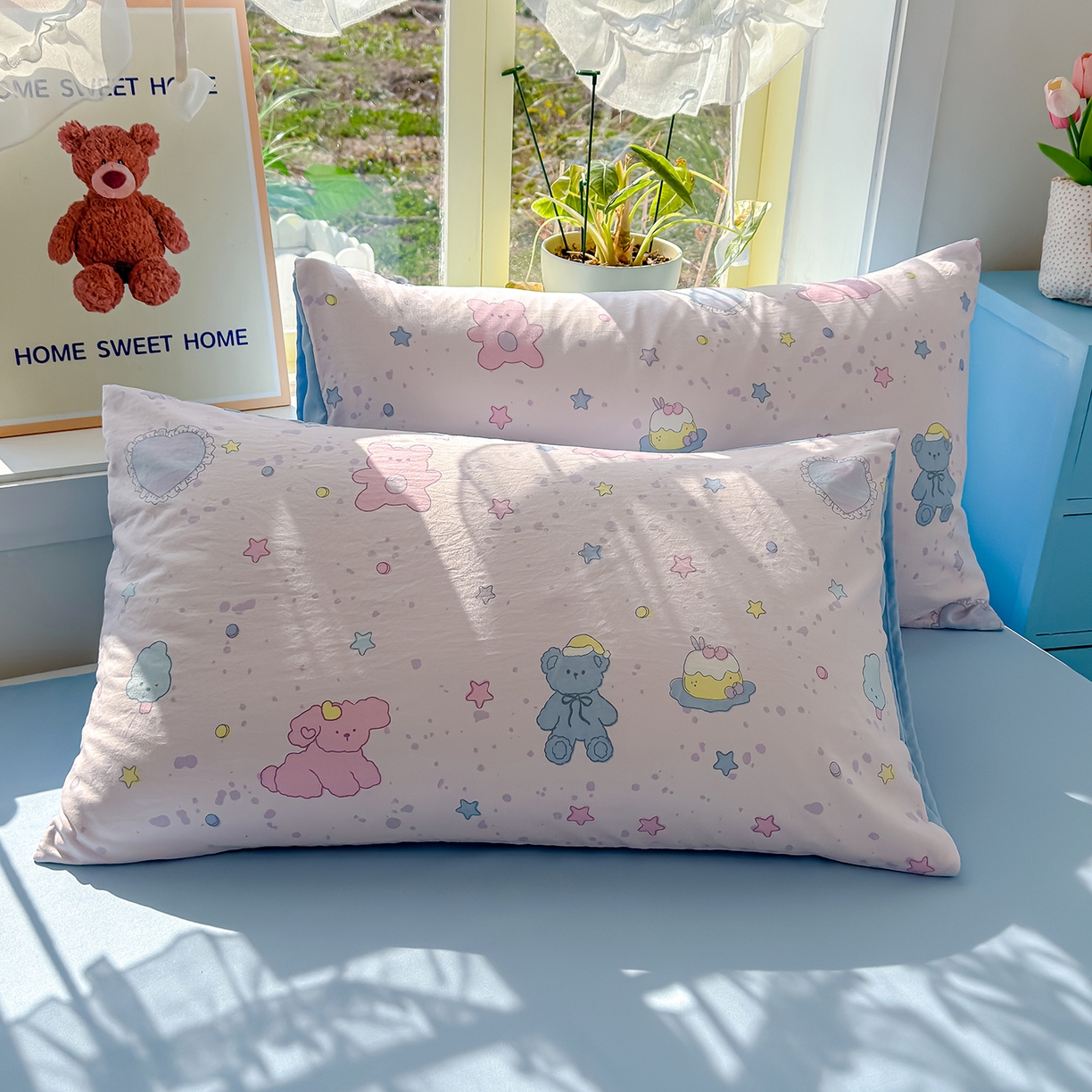 91家纺网 家纺一手货源 找家纺 元禾 2026新款A类古法水洗仿棉云感纱四件套 星芒啵啵熊