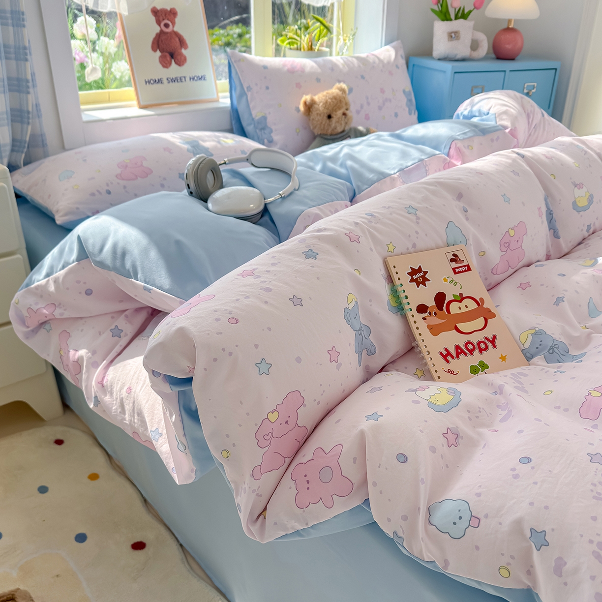 91家纺网 家纺一手货源 找家纺 元禾 2026新款A类古法水洗仿棉云感纱四件套 星芒啵啵熊