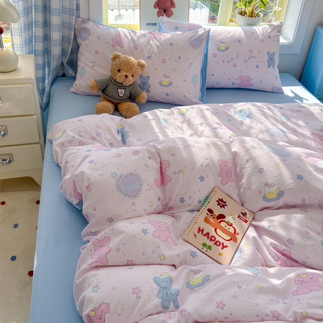 91家纺网 家纺一手货源 找家纺 元禾 2026新款A类古法水洗仿棉云感纱四件套 星芒啵啵熊