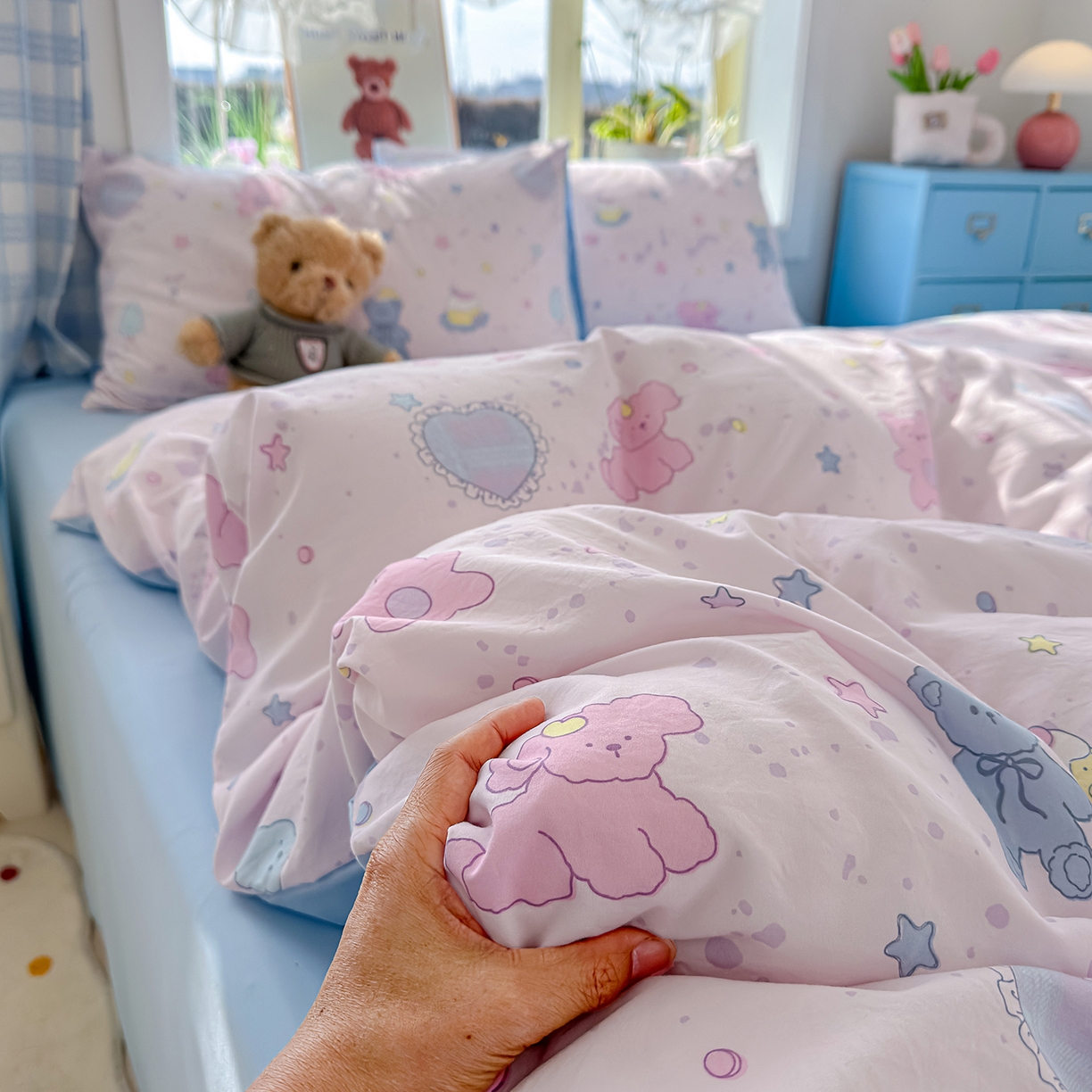 91家纺网 家纺一手货源 找家纺 元禾 2026新款A类古法水洗仿棉云感纱四件套 星芒啵啵熊